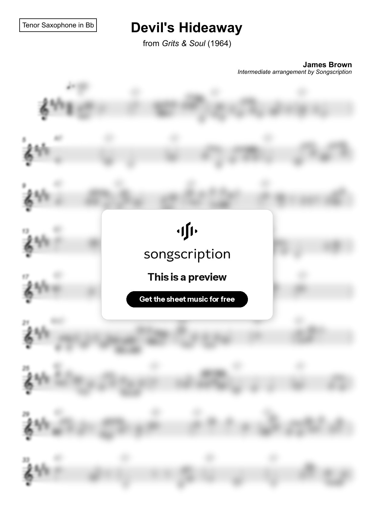 Intermediate Tenor Sax Sheet Music for "Devil's Hideaway" by James Brown