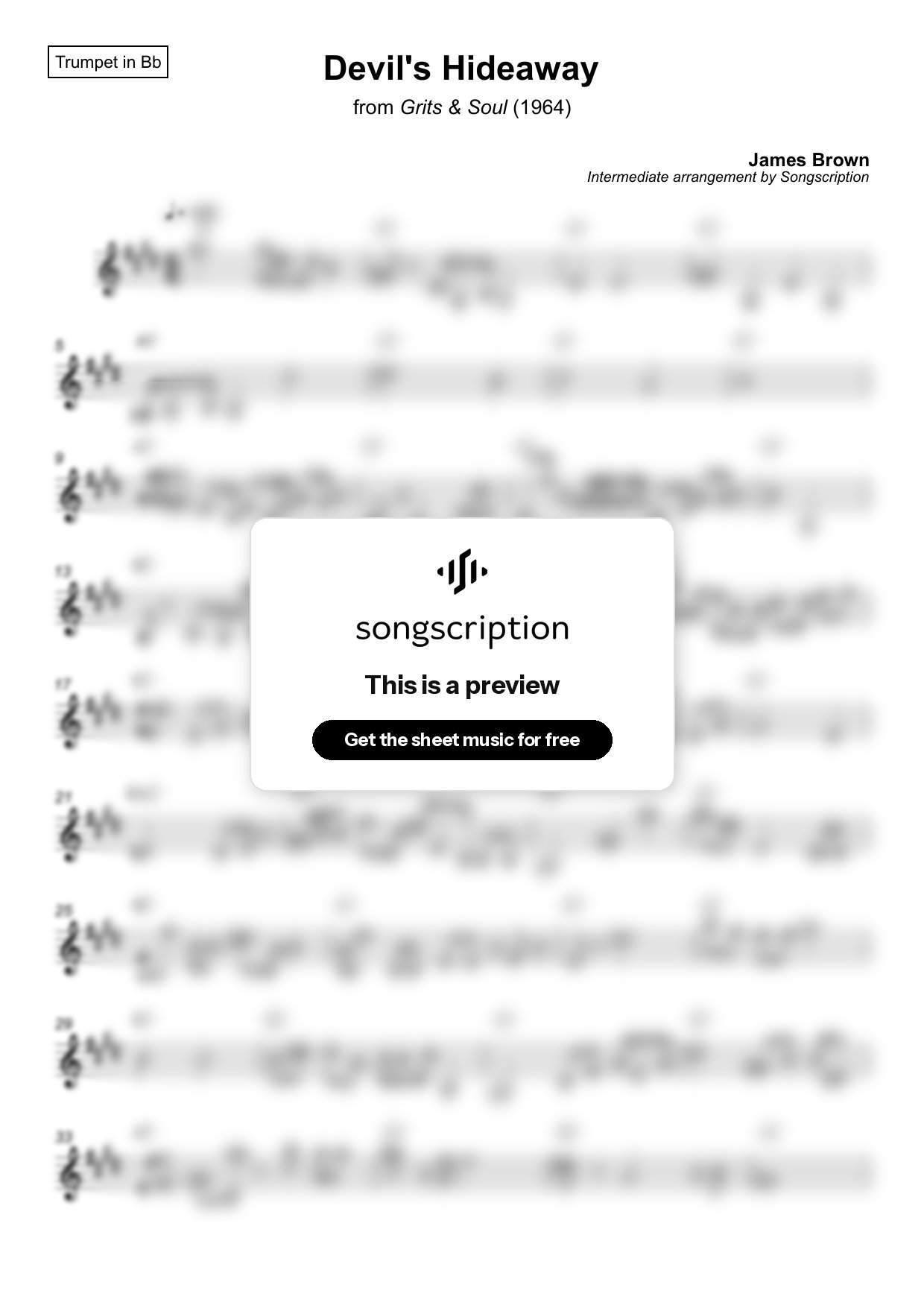 Intermediate Trumpet Sheet Music for "Devil's Hideaway" by James Brown