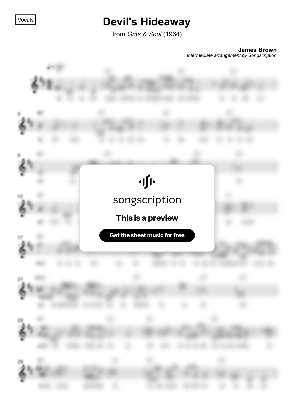 Intermediate Vocals Sheet Music for "Devil's Hideaway" by James Brown