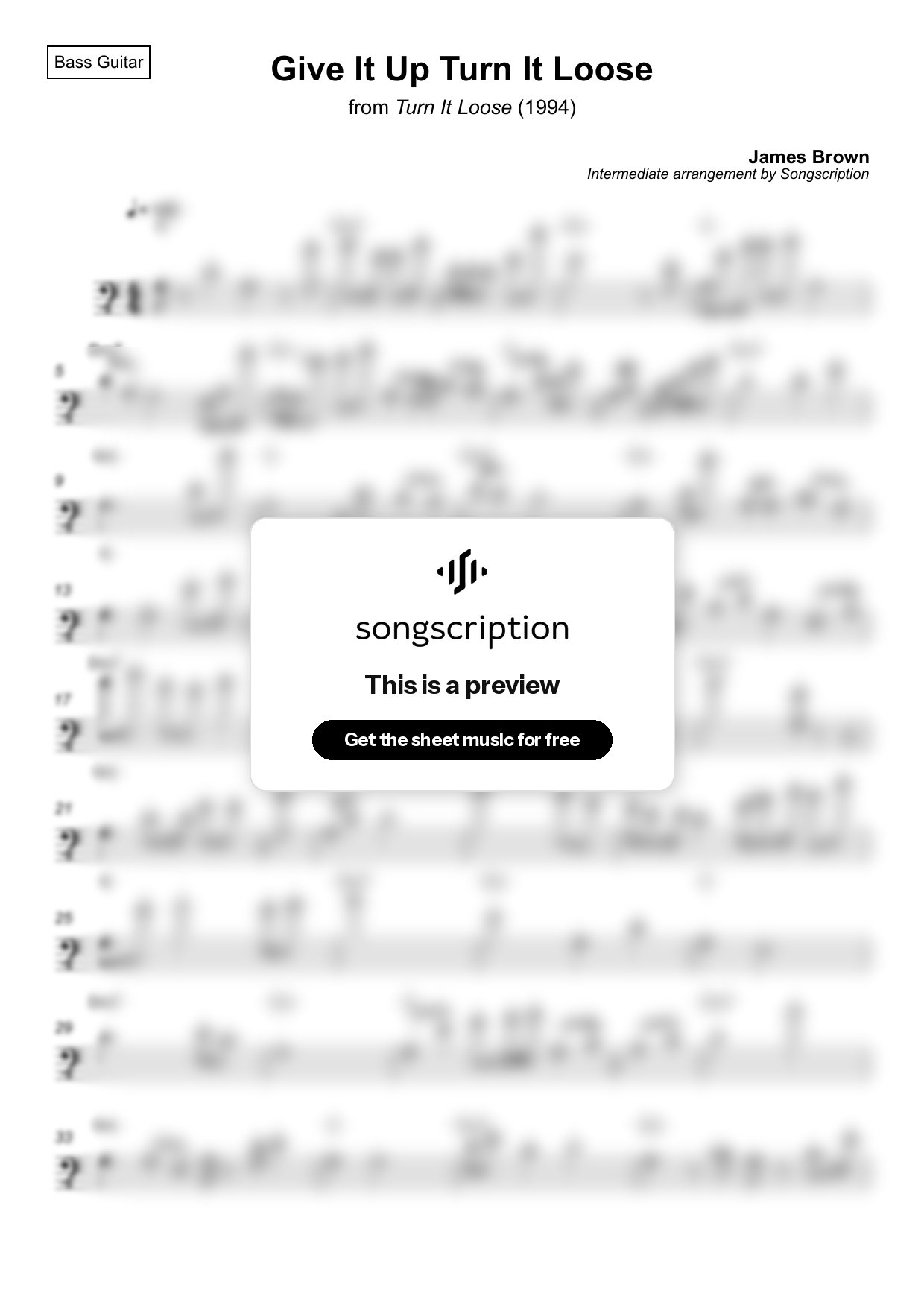 Intermediate Bass Guitar Sheet Music for "Give It Up Turn It Loose" by James Brown