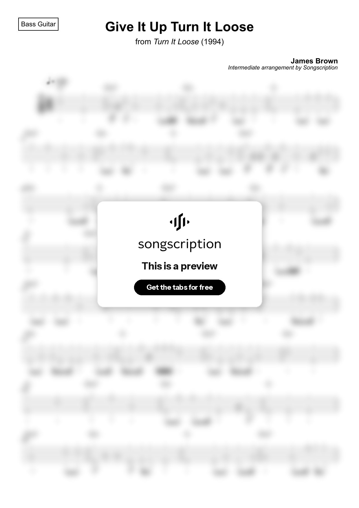 Intermediate Bass Guitar Tabs for "Give It Up Turn It Loose" by James Brown