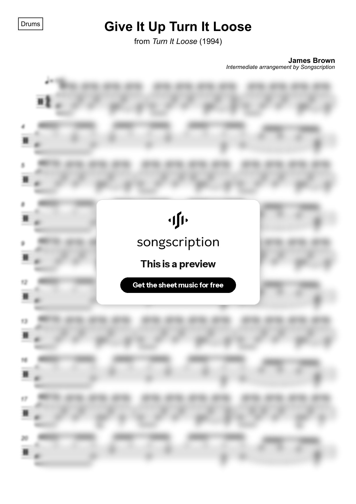 Intermediate Drums Sheet Music for "Give It Up Turn It Loose" by James Brown