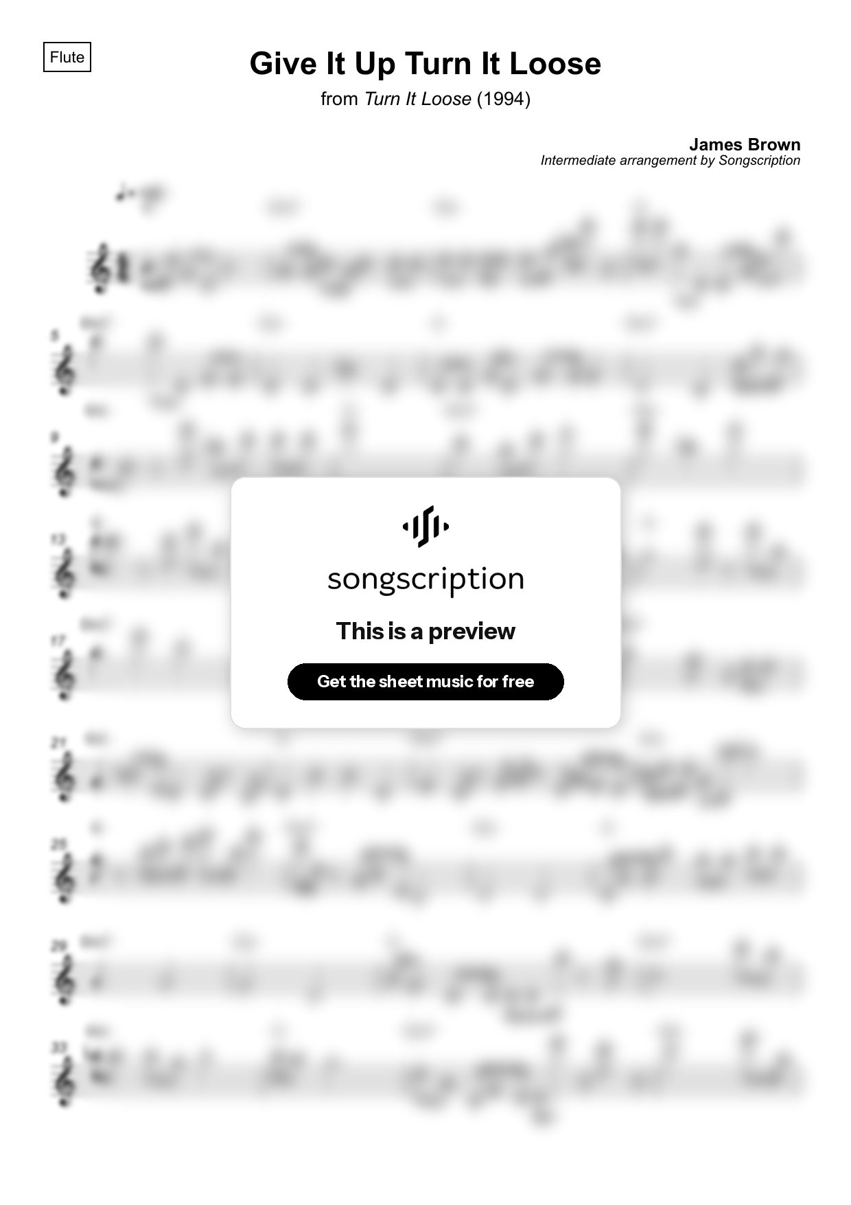 Intermediate Flute Sheet Music for "Give It Up Turn It Loose" by James Brown