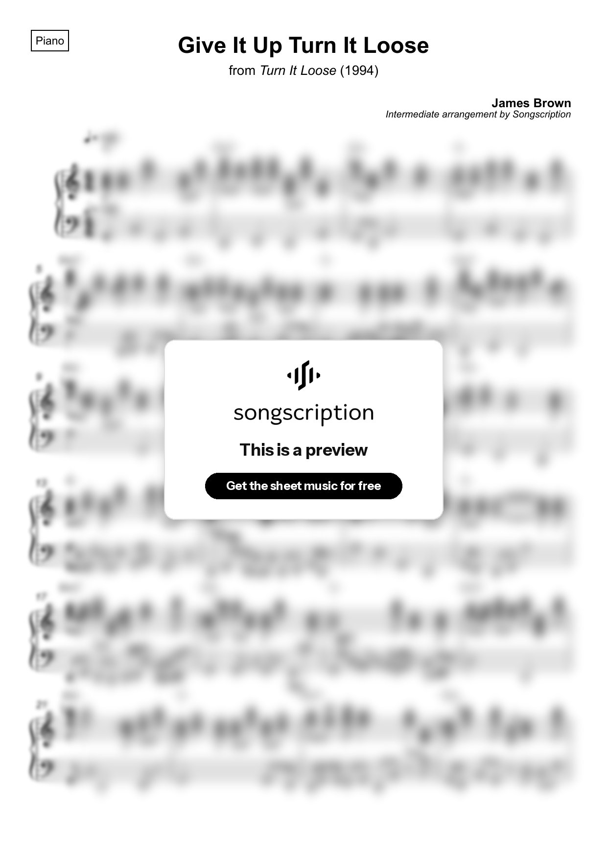 Intermediate Piano Sheet Music for "Give It Up Turn It Loose" by James Brown