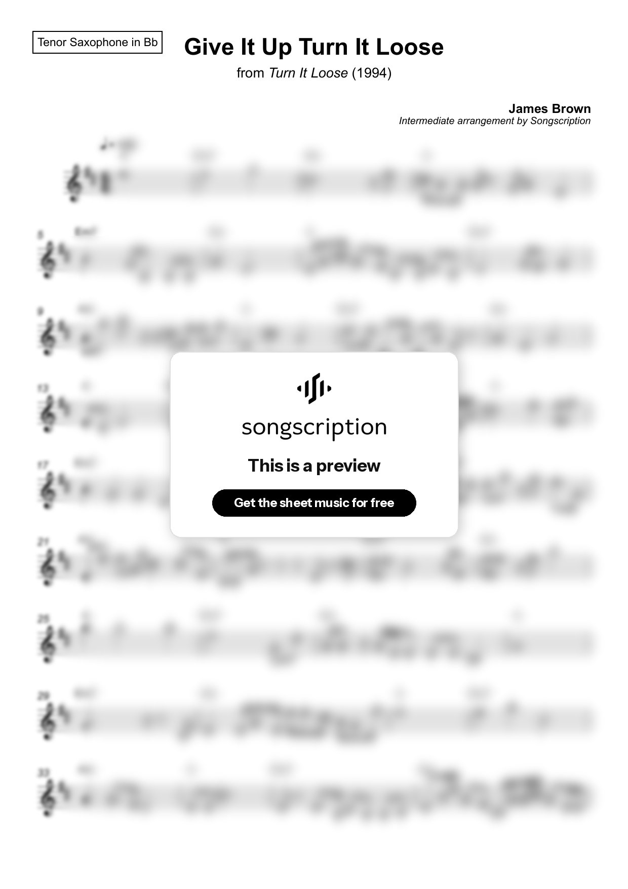 Intermediate Tenor Sax Sheet Music for "Give It Up Turn It Loose" by James Brown