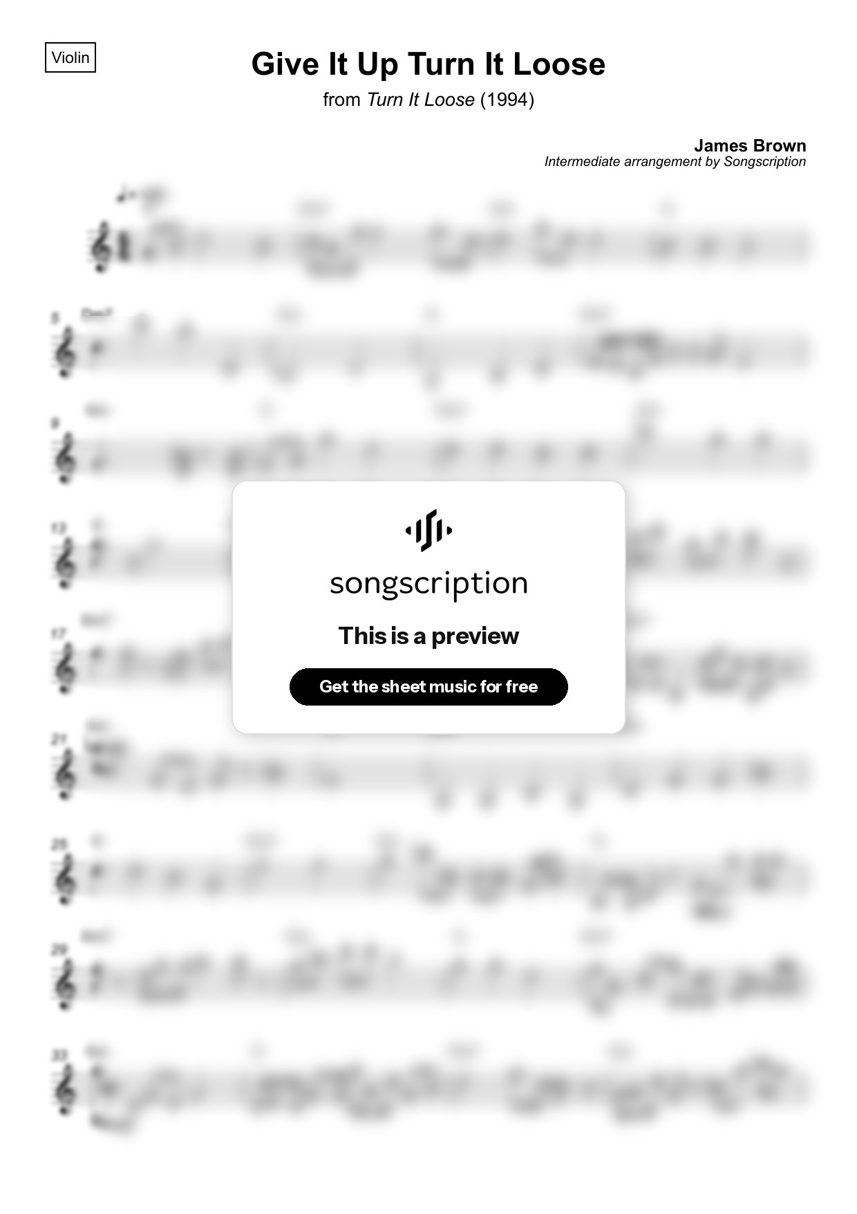 Intermediate Violin Sheet Music for "Give It Up Turn It Loose" by James Brown