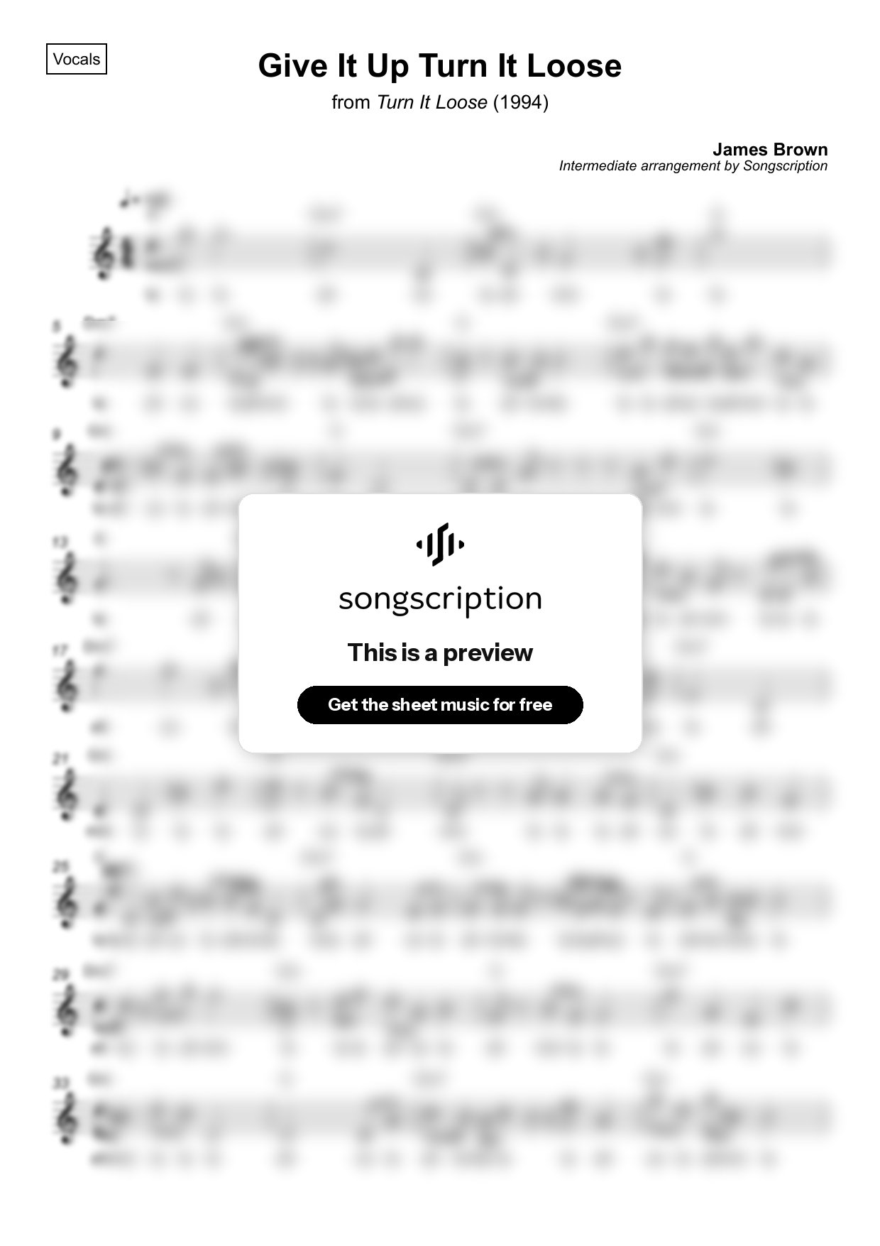 Intermediate Vocals Sheet Music for "Give It Up Turn It Loose" by James Brown