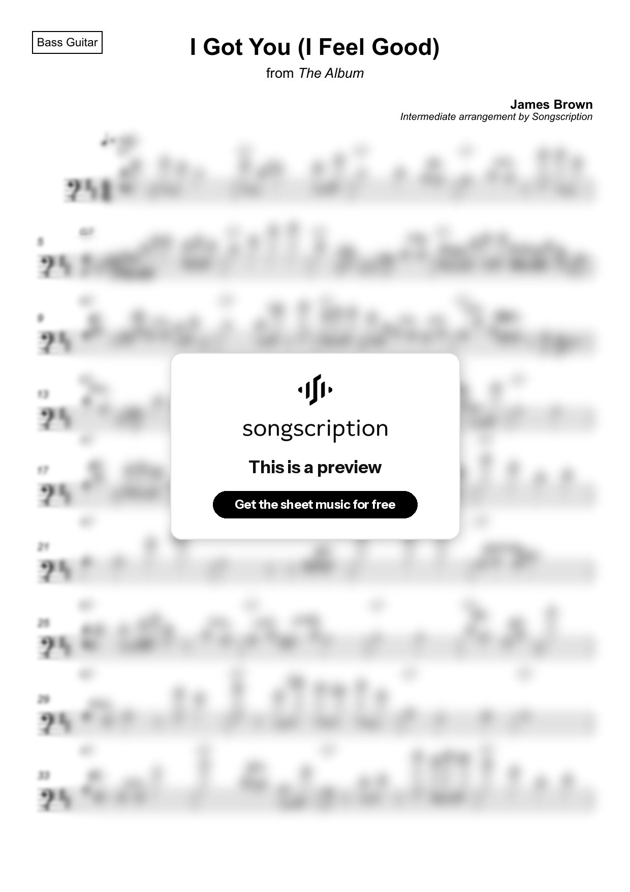 Intermediate Bass Guitar Sheet Music for "I Got You (I Feel Good)" by James Brown