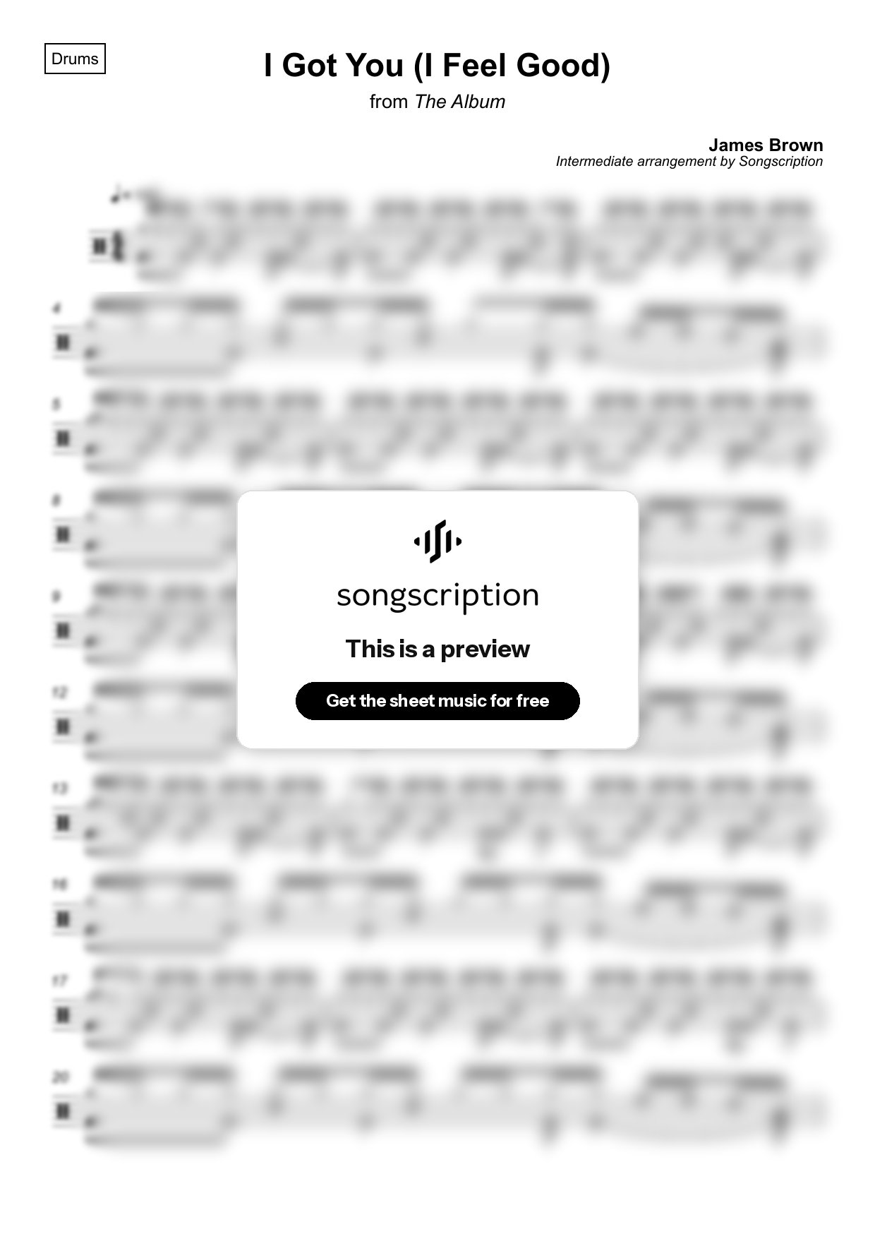 Intermediate Drums Sheet Music for "I Got You (I Feel Good)" by James Brown