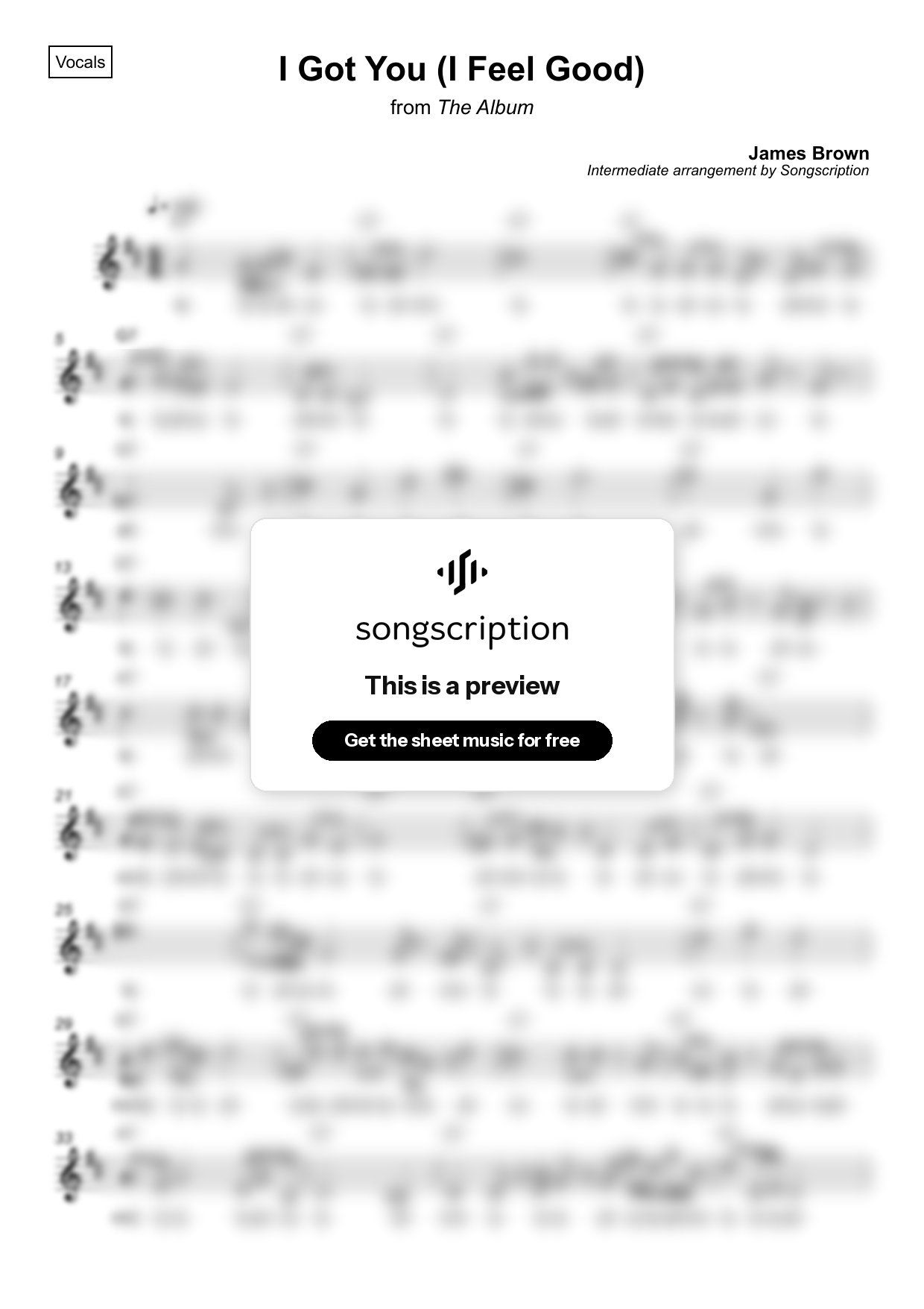 Intermediate Vocals Sheet Music for "I Got You (I Feel Good)" by James Brown