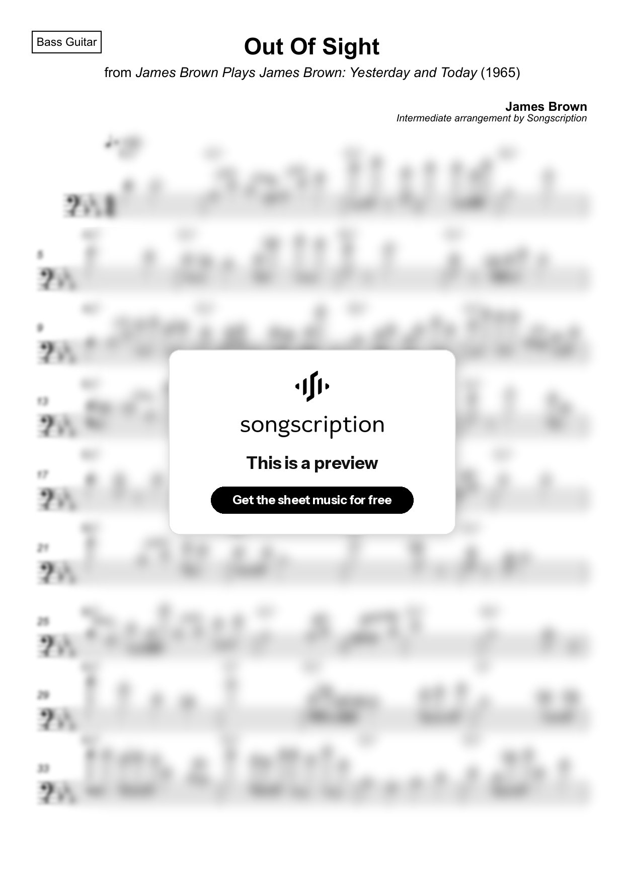 Intermediate Bass Guitar Sheet Music for "Out Of Sight" by James Brown