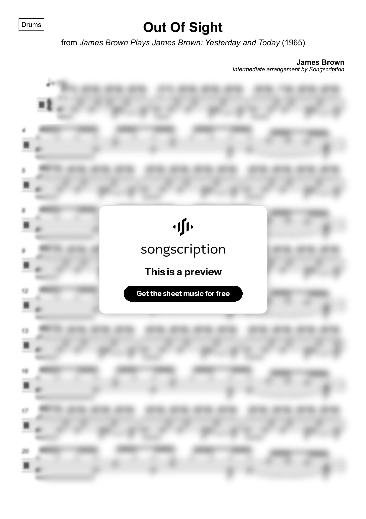 Intermediate Drums Sheet Music for "Out Of Sight" by James Brown