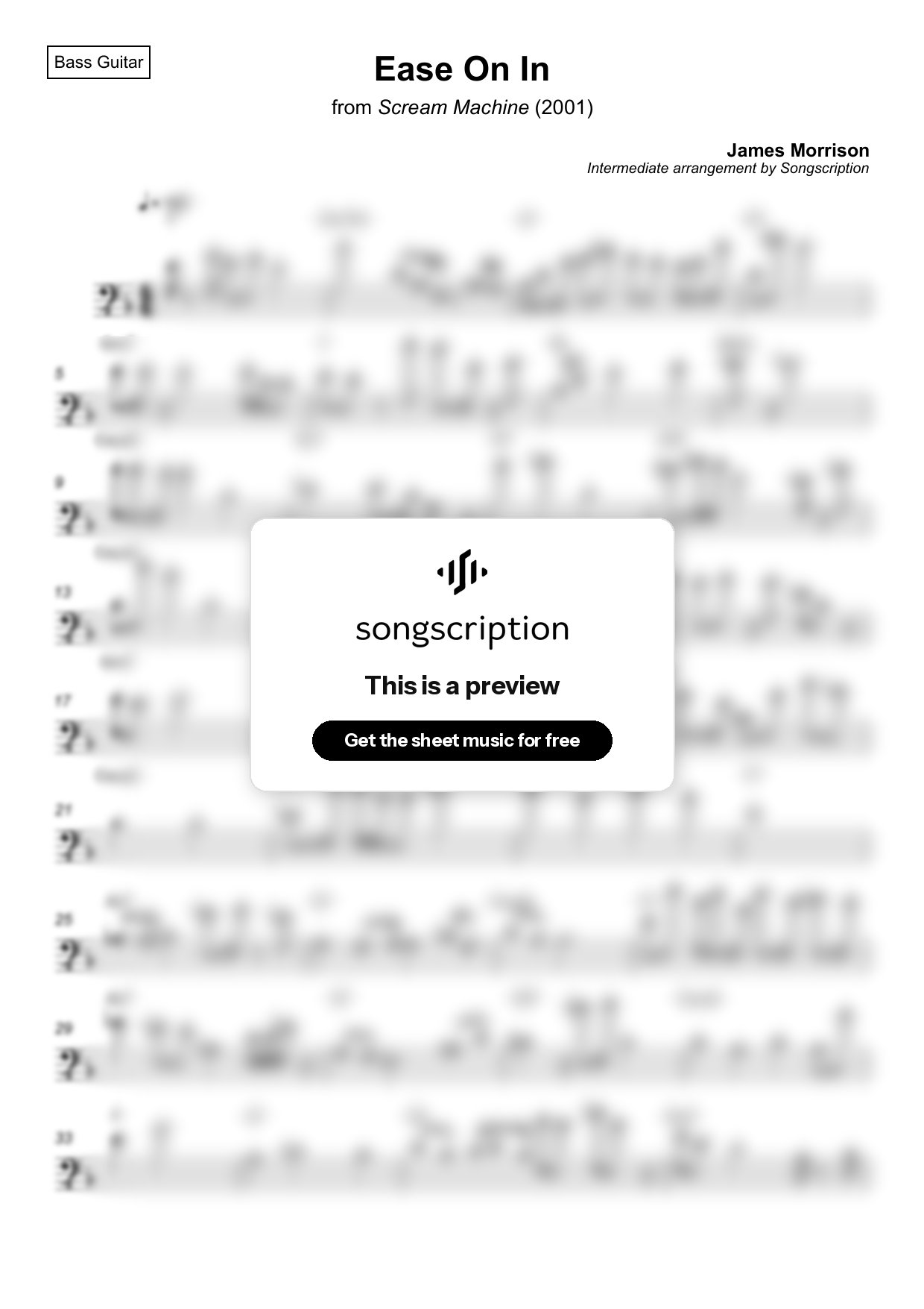 Intermediate Bass Guitar Sheet Music for "Ease On In" by James Morrison