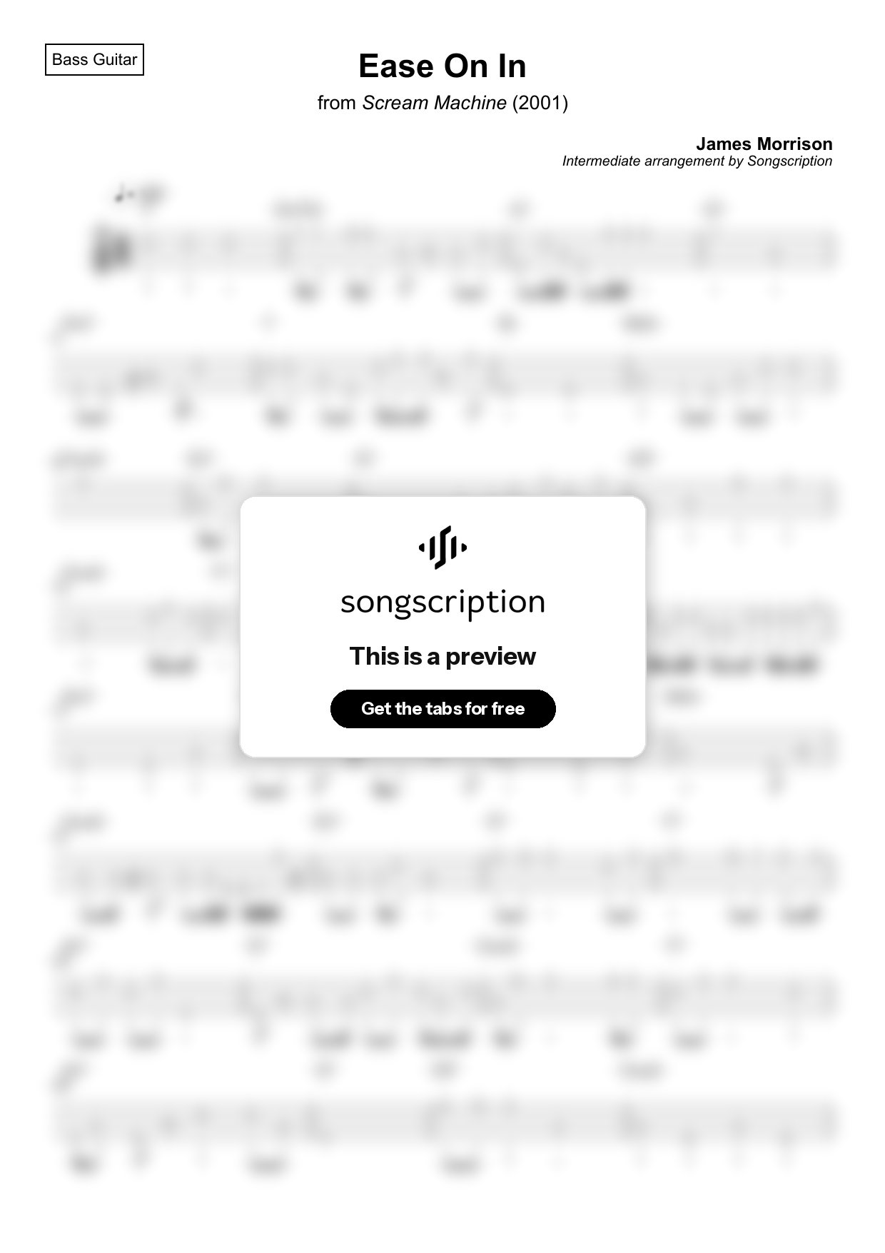 Intermediate Bass Guitar Tabs for "Ease On In" by James Morrison
