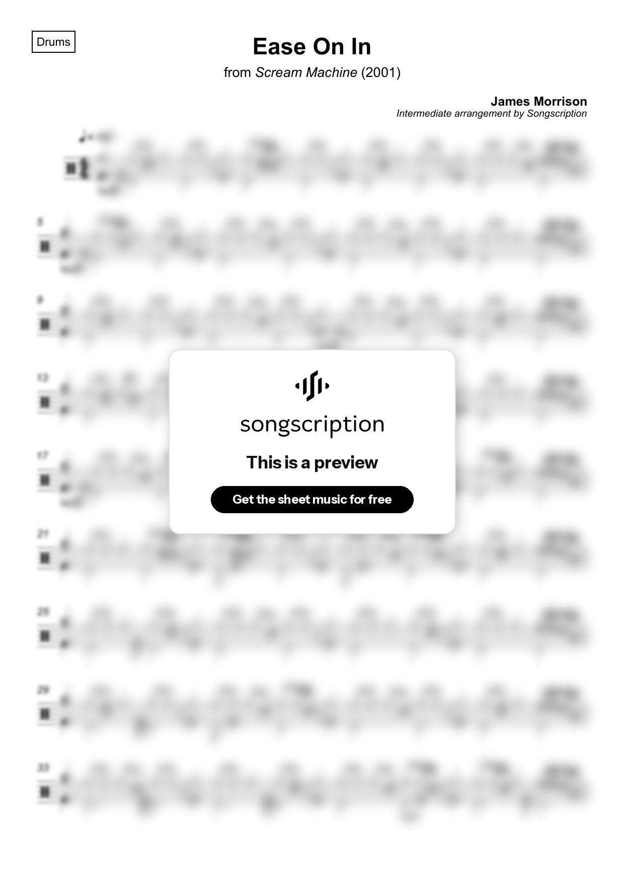 Intermediate Drums Sheet Music for "Ease On In" by James Morrison