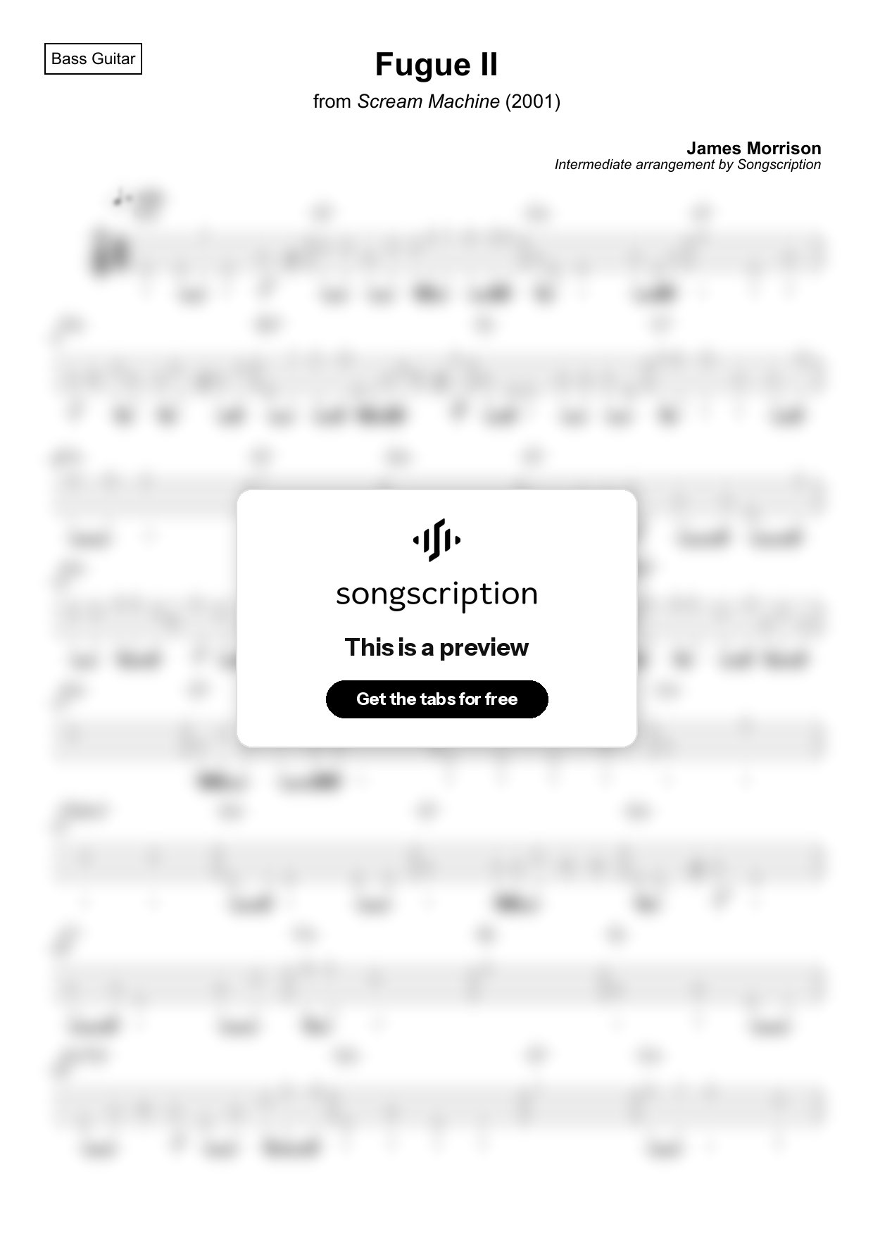 Intermediate Bass Guitar Tabs for "Fugue II" by James Morrison