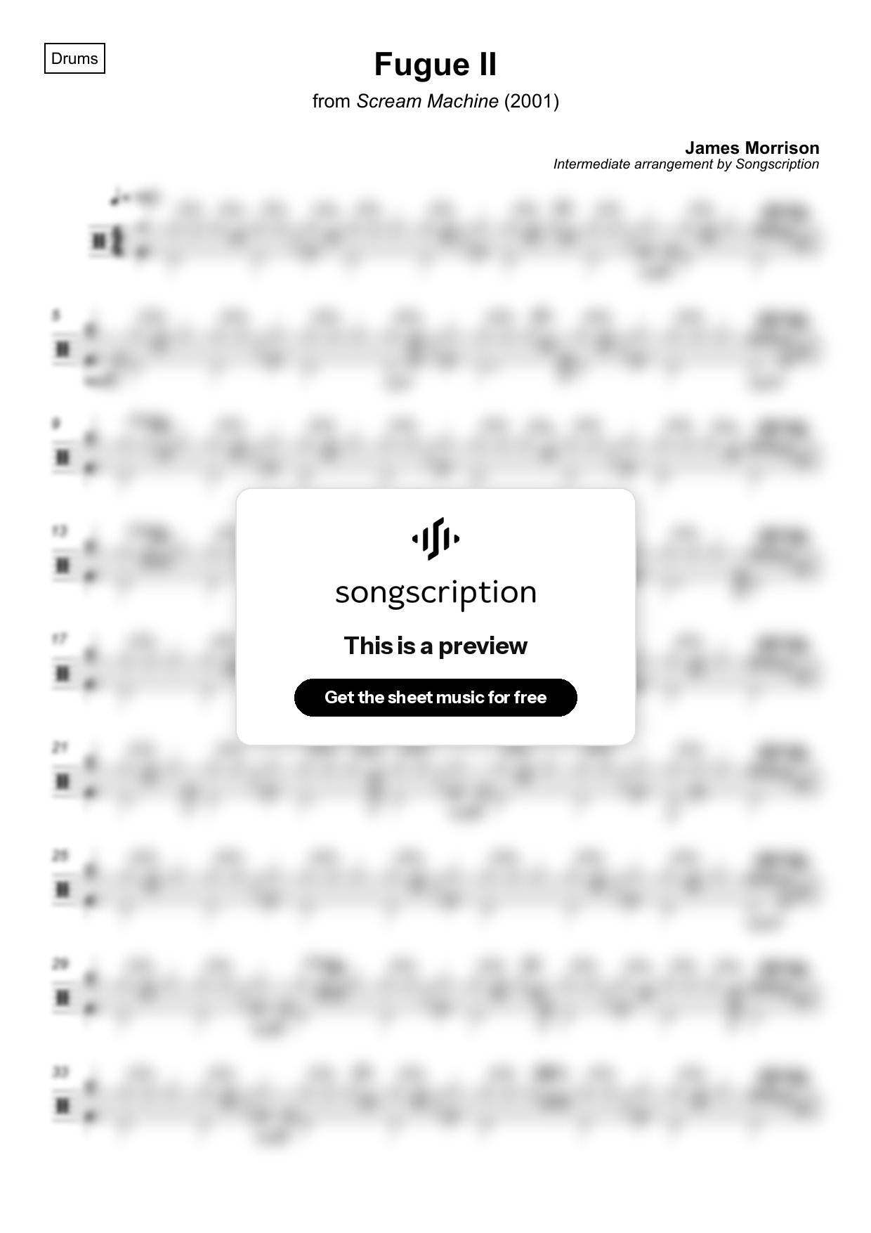 Intermediate Drums Sheet Music for "Fugue II" by James Morrison