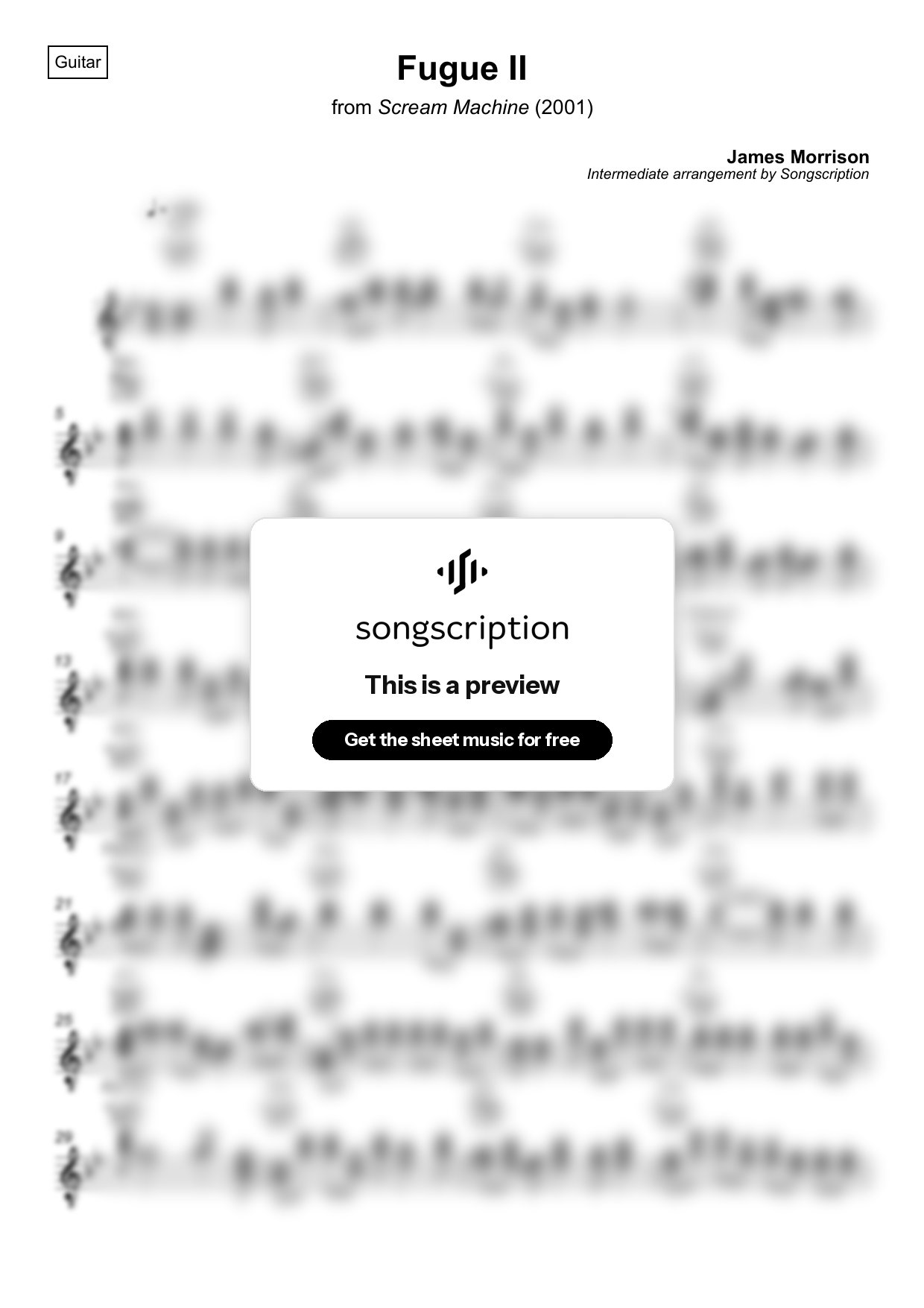 Intermediate Acoustic Guitar Sheet Music for "Fugue II" by James Morrison