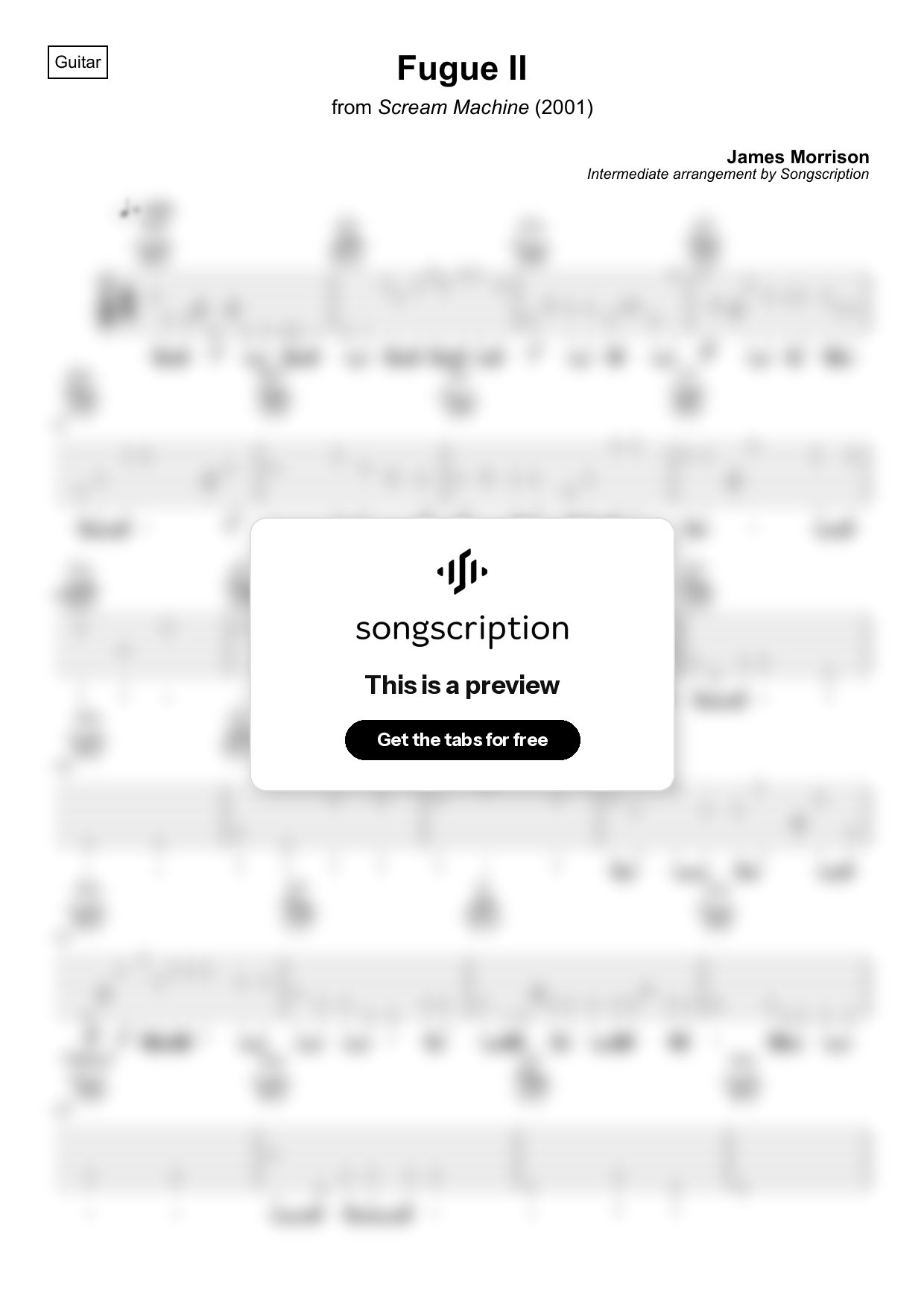Intermediate Acoustic Guitar Tabs for "Fugue II" by James Morrison