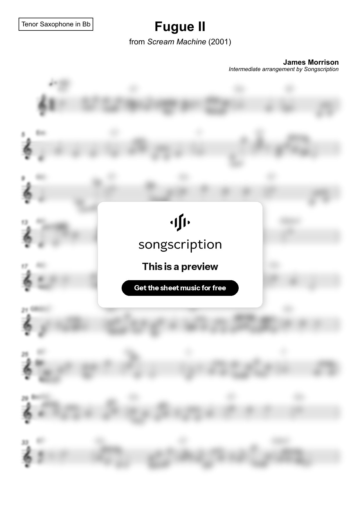 Intermediate Tenor Sax Sheet Music for "Fugue II" by James Morrison
