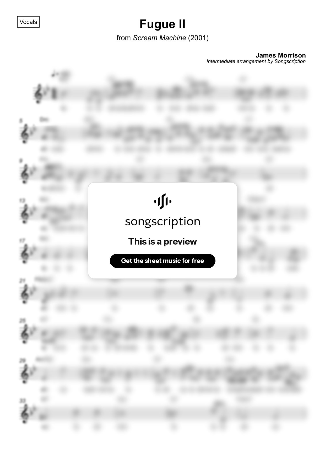 Intermediate Vocals Sheet Music for "Fugue II" by James Morrison