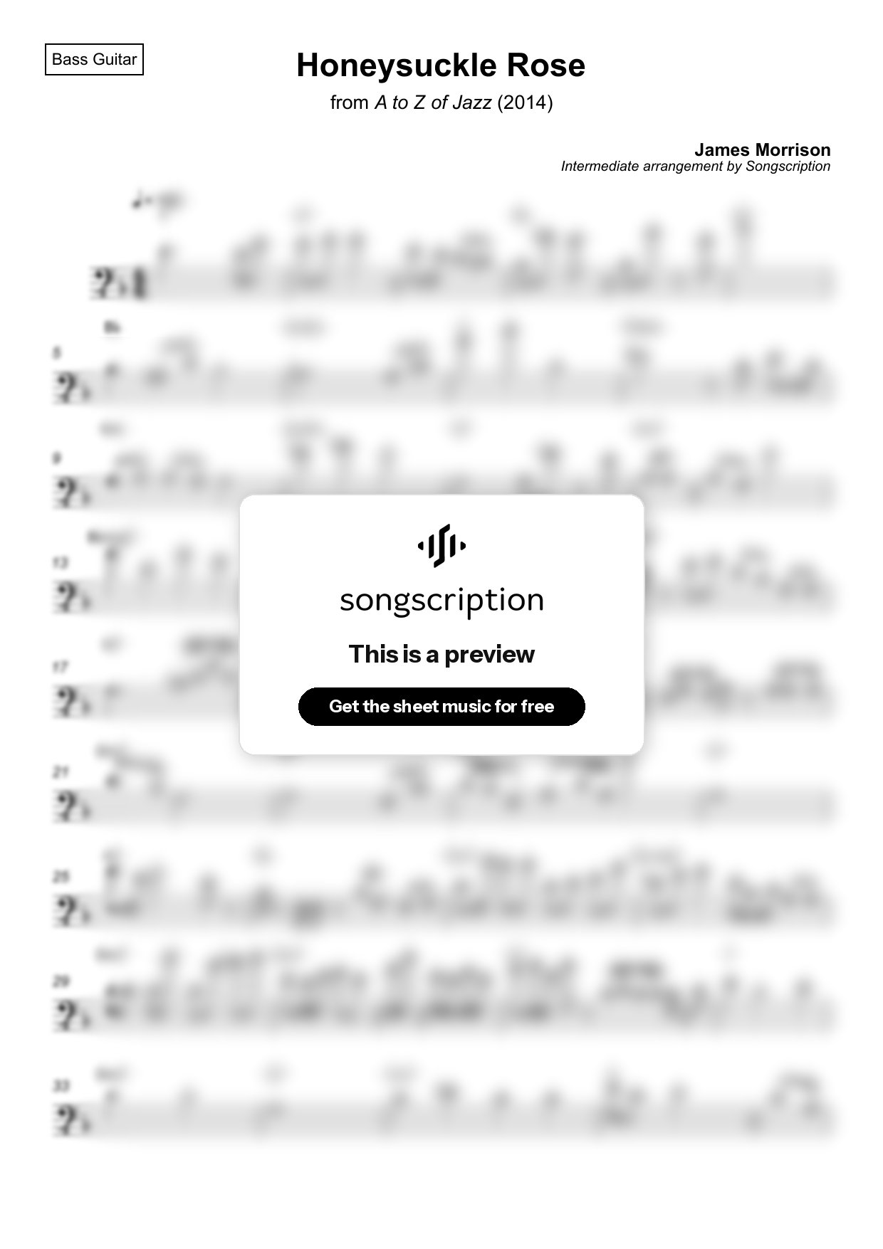 Intermediate Bass Guitar Sheet Music for "Honeysuckle Rose" by James Morrison