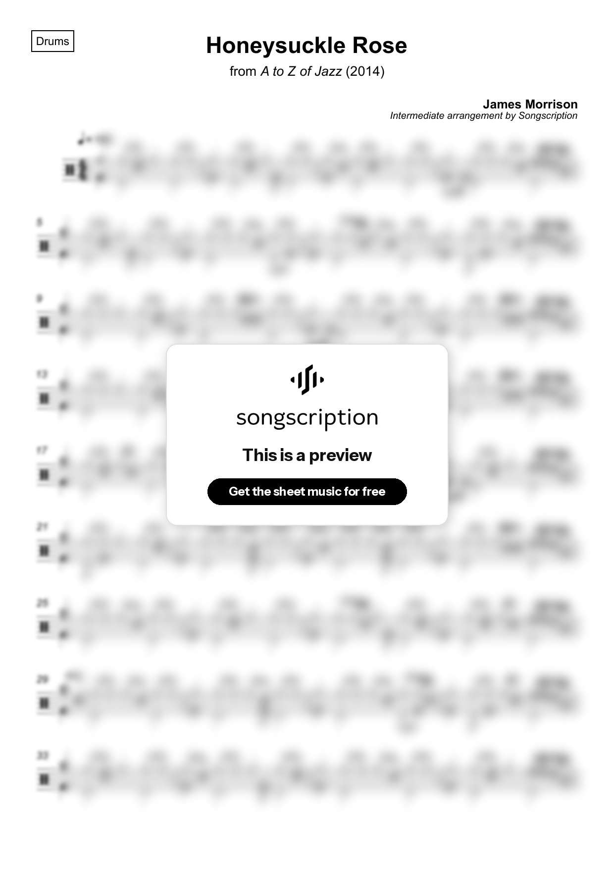 Intermediate Drums Sheet Music for "Honeysuckle Rose" by James Morrison