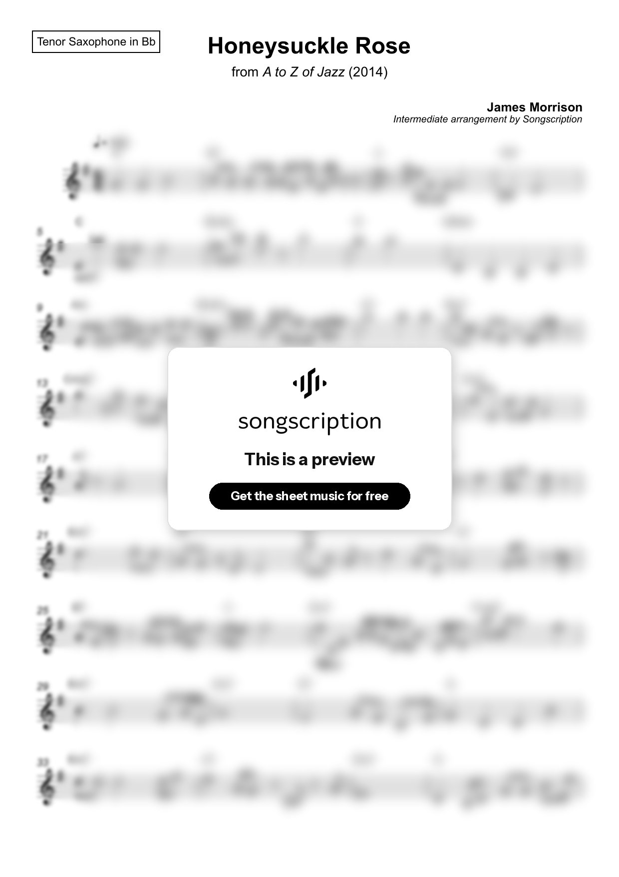 Intermediate Tenor Sax Sheet Music for "Honeysuckle Rose" by James Morrison