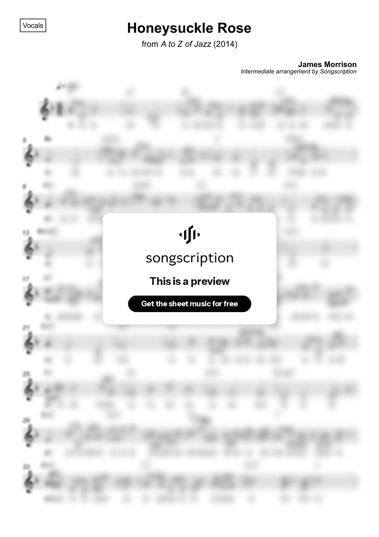 Intermediate Vocals Sheet Music for "Honeysuckle Rose" by James Morrison