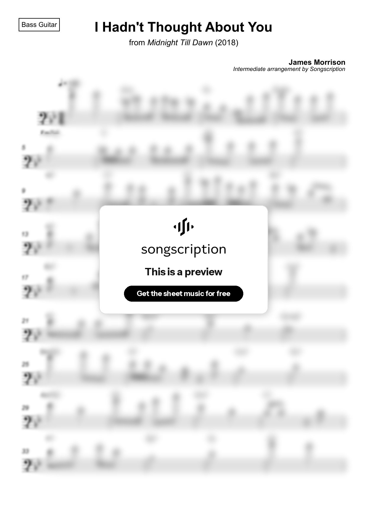 Intermediate Bass Guitar Sheet Music for "I Hadn't Thought About You" by James Morrison