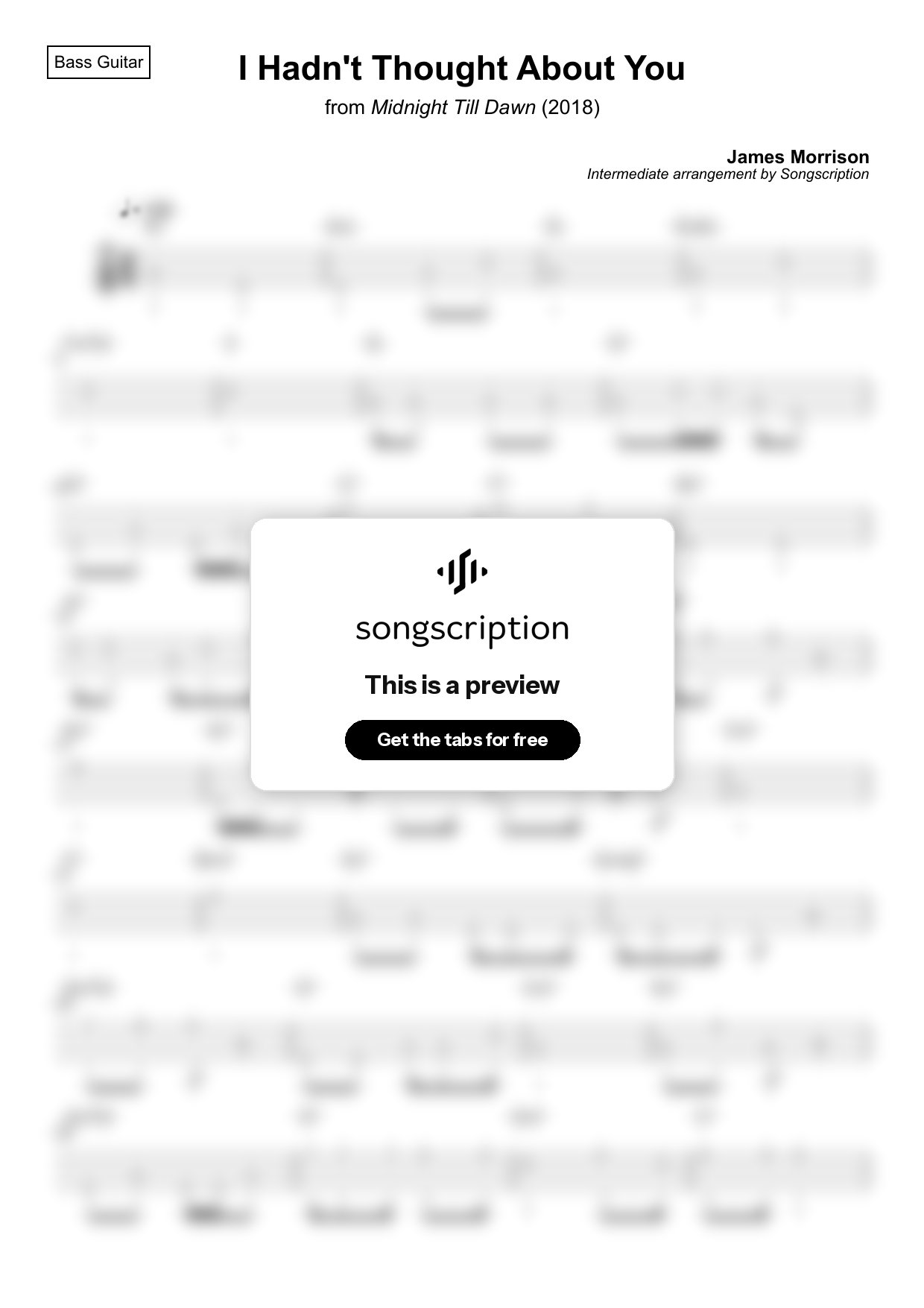 Intermediate Bass Guitar Tabs for "I Hadn't Thought About You" by James Morrison