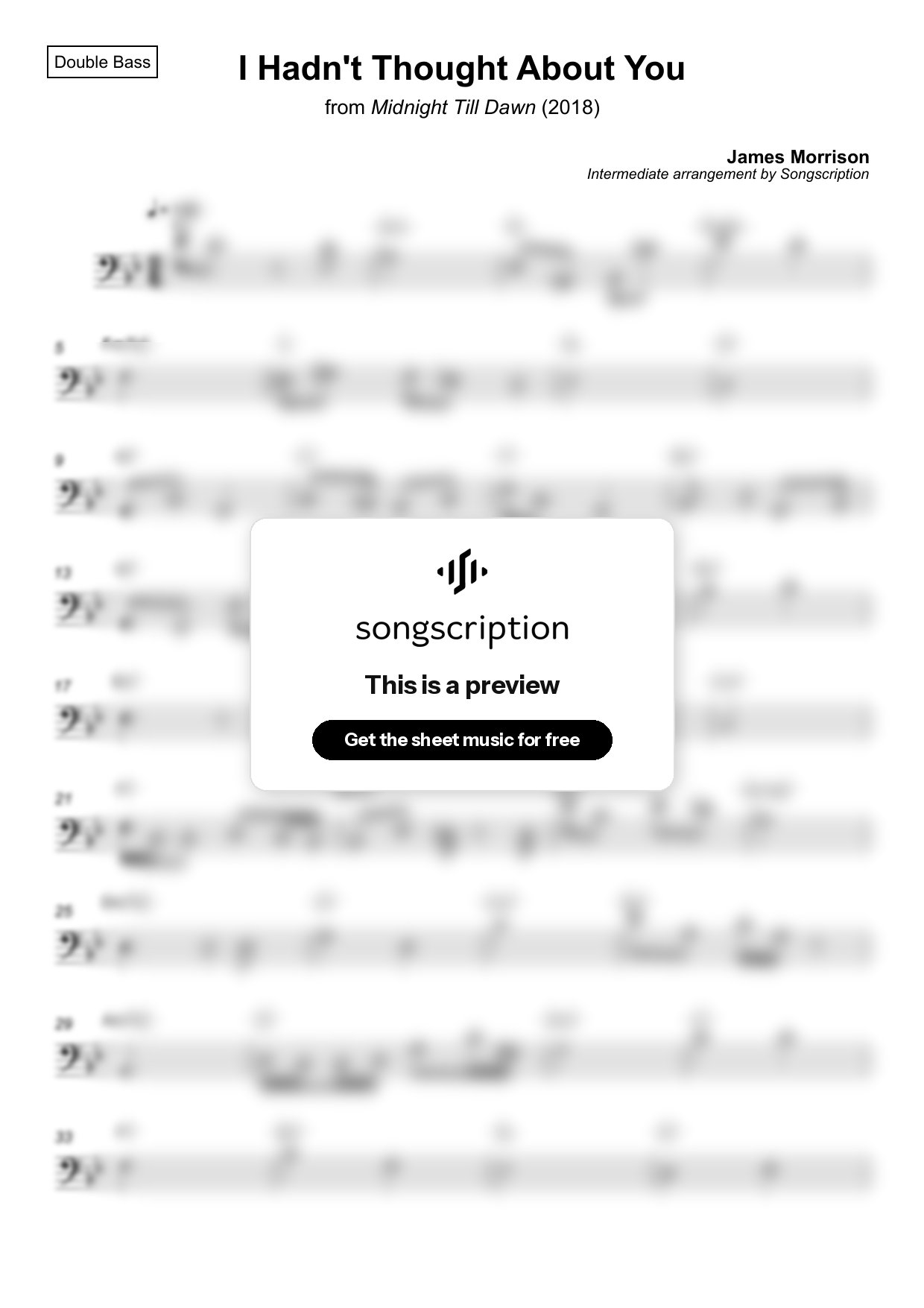 Intermediate Double Bass Sheet Music for "I Hadn't Thought About You" by James Morrison