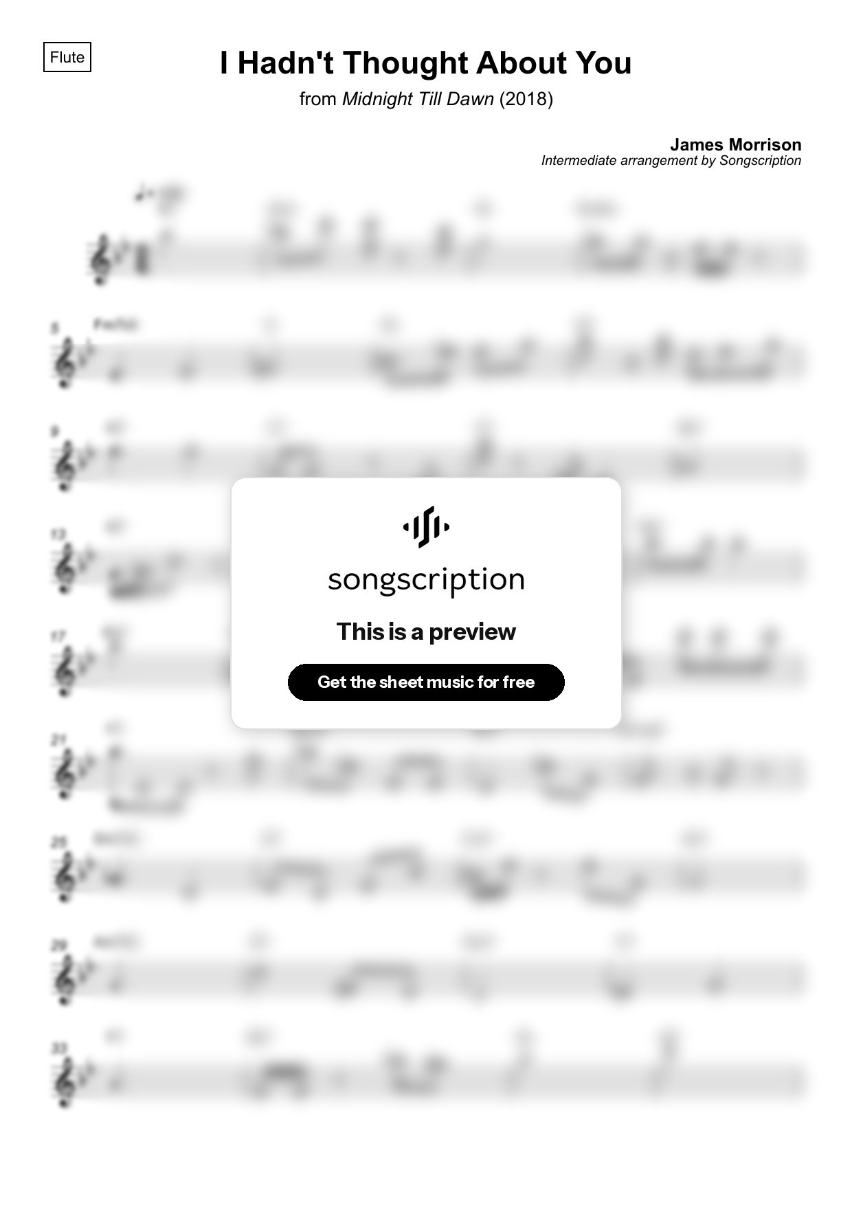 Intermediate Flute Sheet Music for "I Hadn't Thought About You" by James Morrison