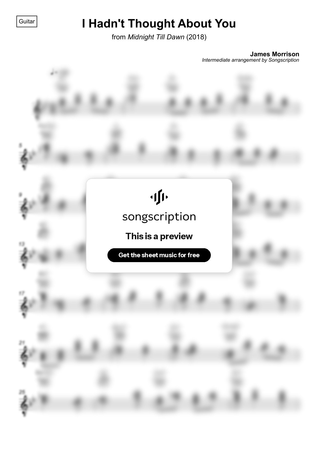 Intermediate Acoustic Guitar Sheet Music for "I Hadn't Thought About You" by James Morrison