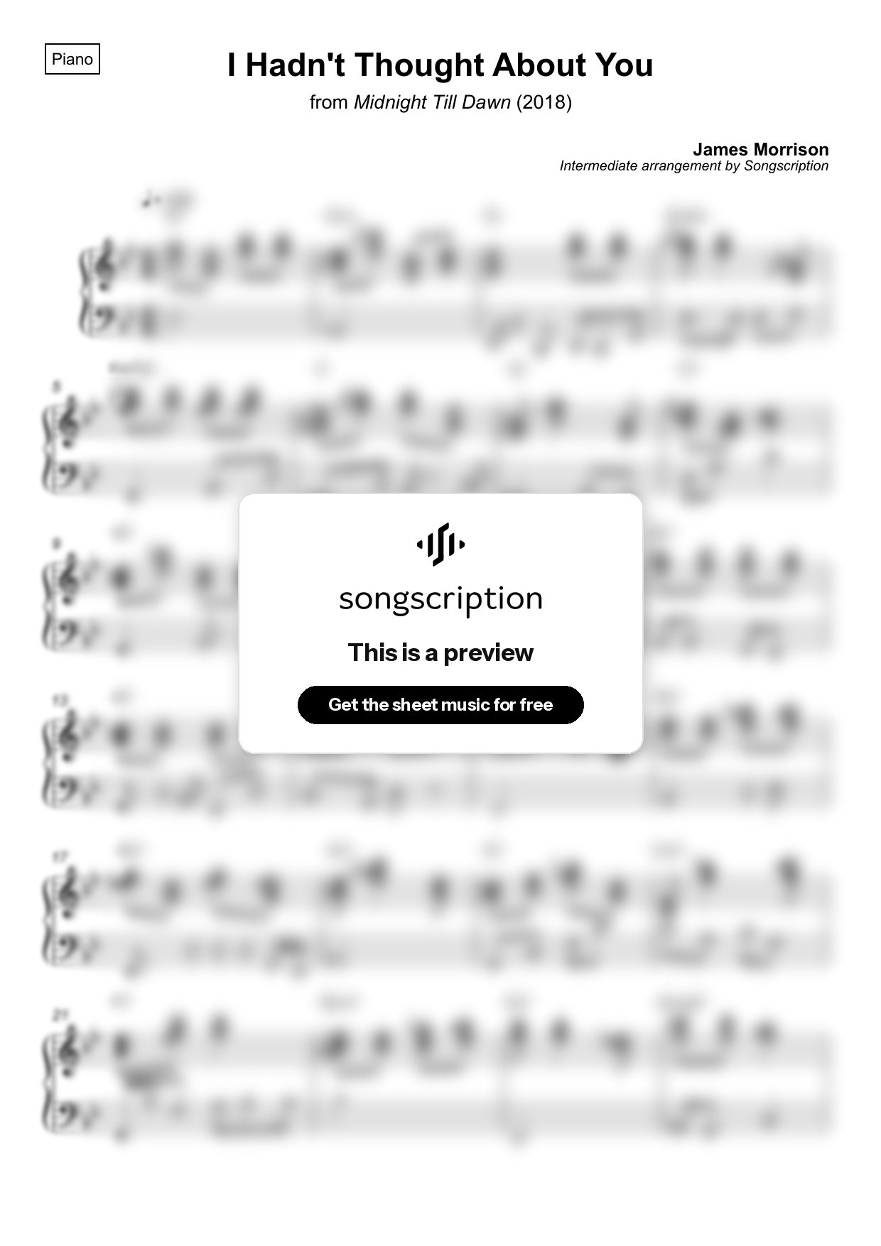 Intermediate Piano Sheet Music for "I Hadn't Thought About You" by James Morrison