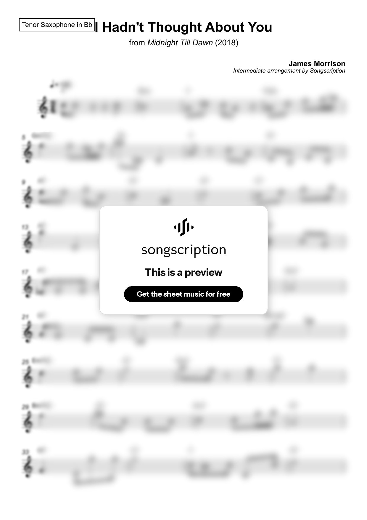 Intermediate Tenor Sax Sheet Music for "I Hadn't Thought About You" by James Morrison