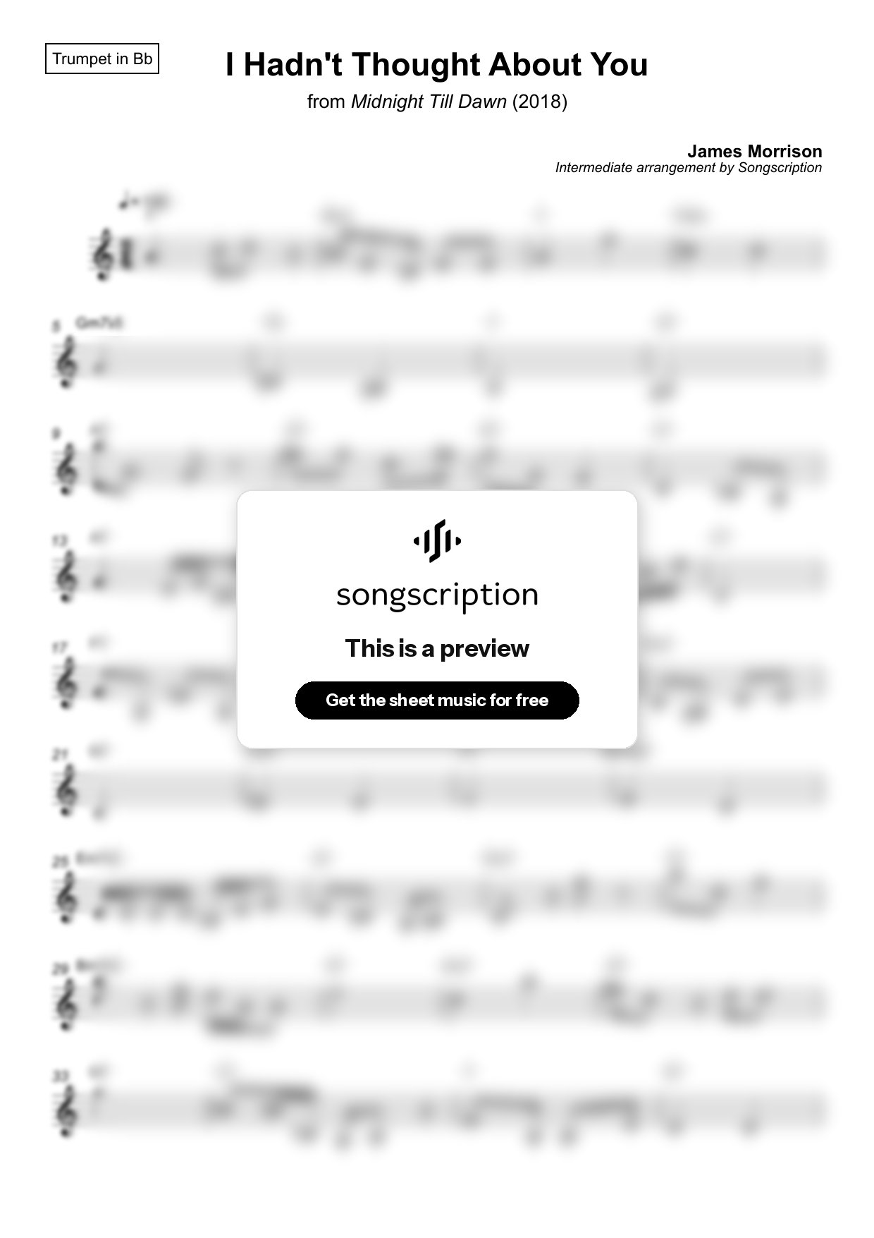 Intermediate Trumpet Sheet Music for "I Hadn't Thought About You" by James Morrison