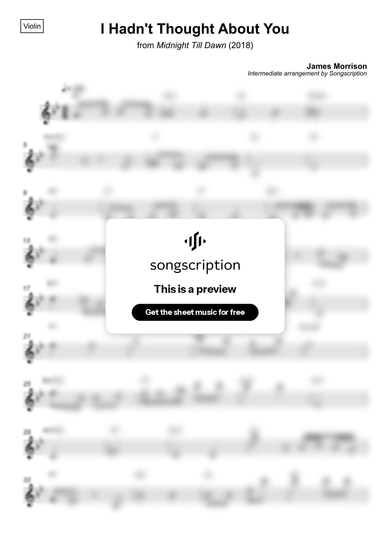 Intermediate Violin Sheet Music for "I Hadn't Thought About You" by James Morrison