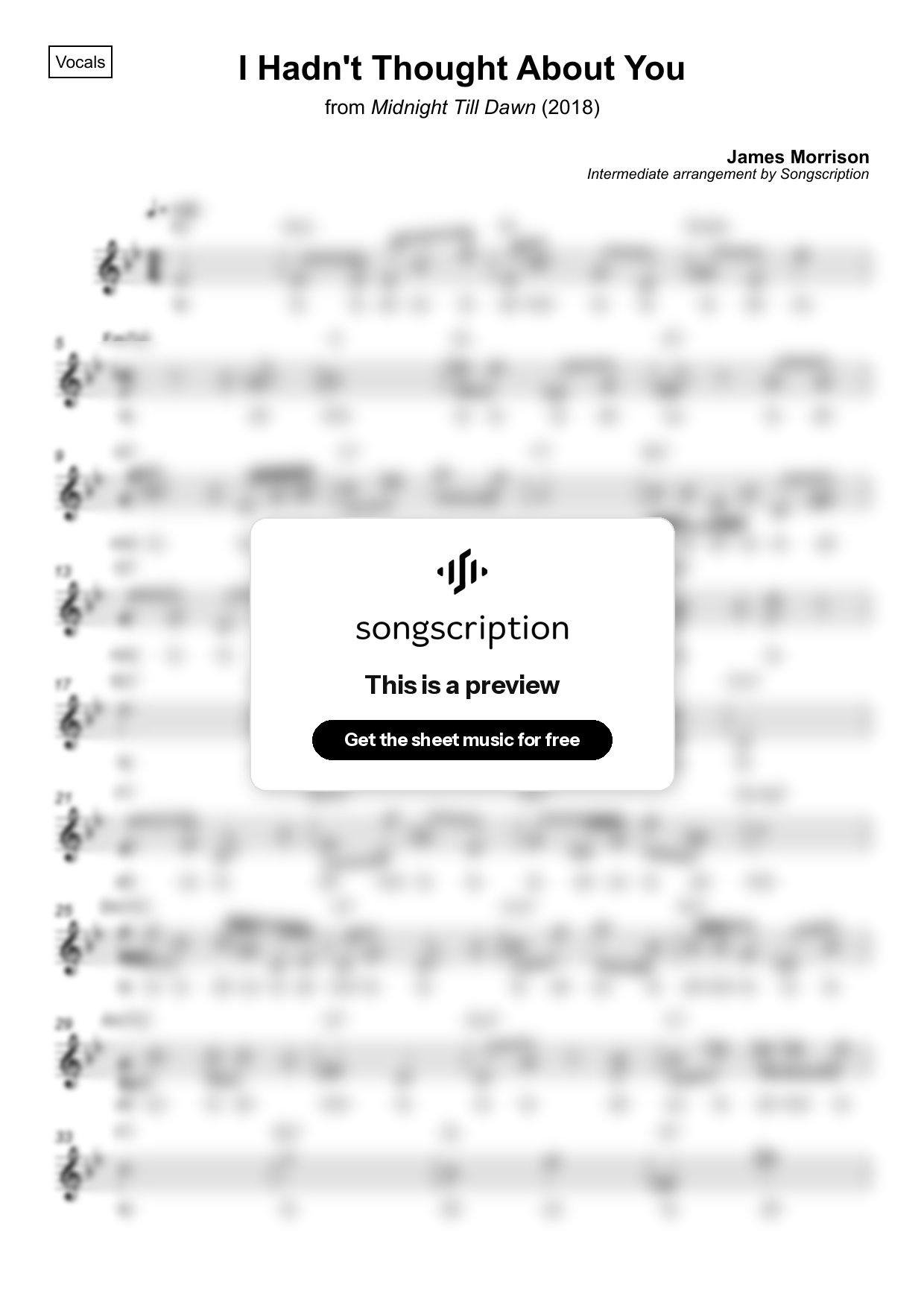 Intermediate Vocals Sheet Music for "I Hadn't Thought About You" by James Morrison