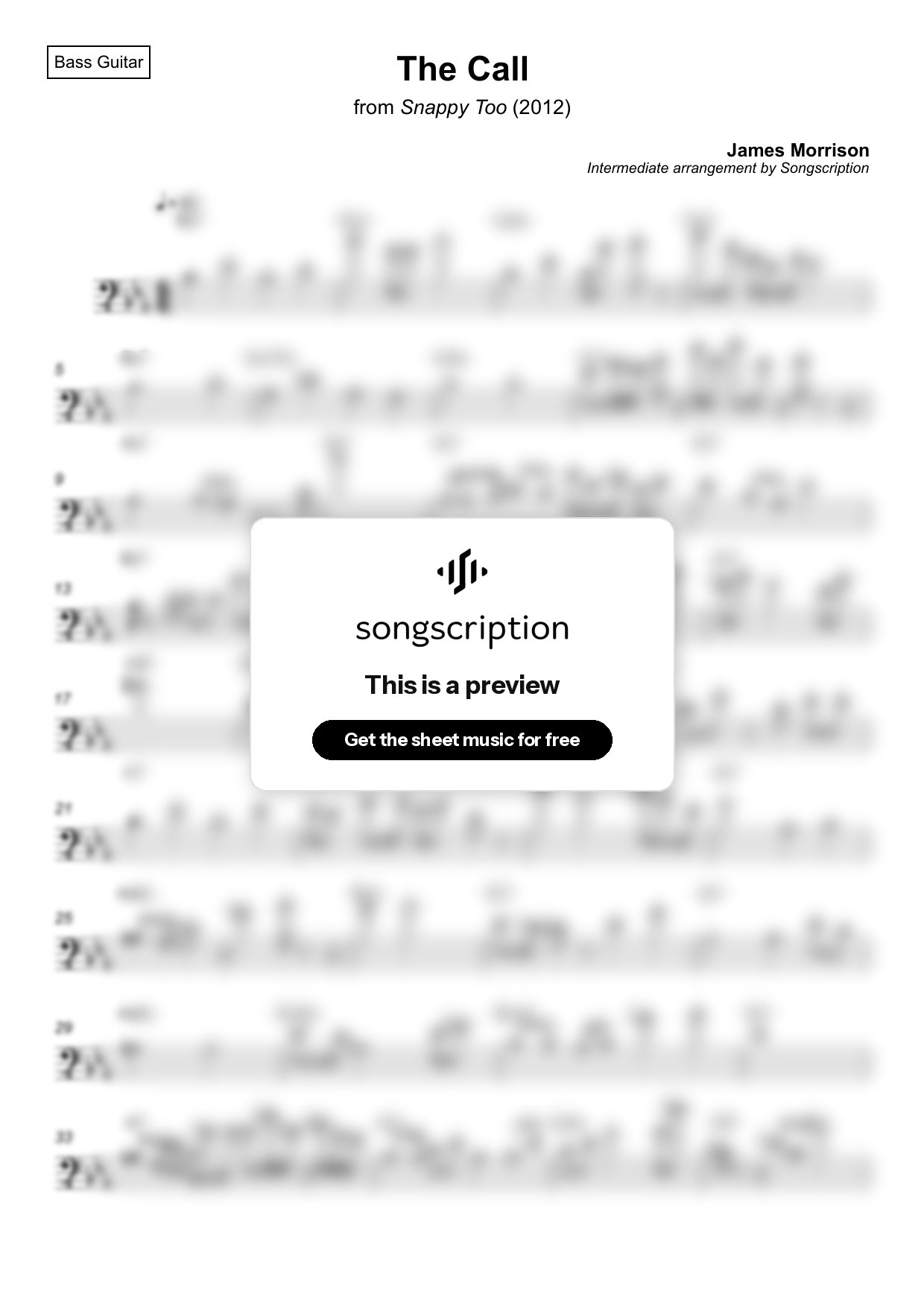 Intermediate Bass Guitar Sheet Music for "The Call" by James Morrison