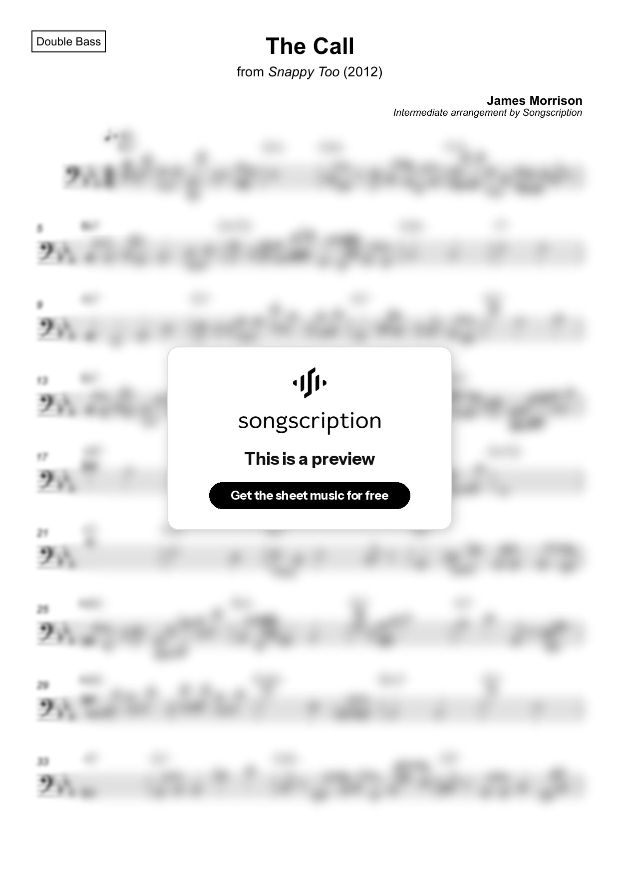 Intermediate Double Bass Sheet Music for "The Call" by James Morrison
