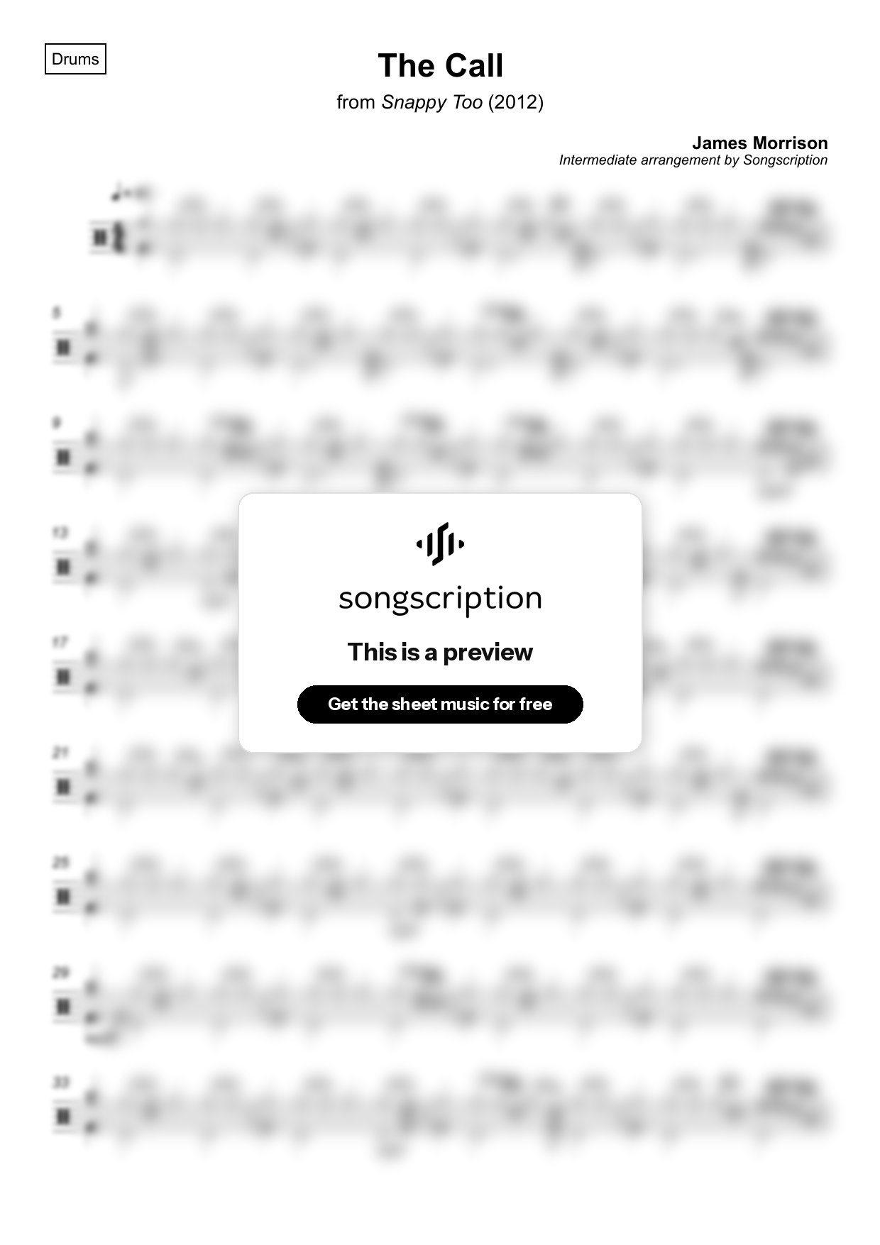 Intermediate Drums Sheet Music for "The Call" by James Morrison