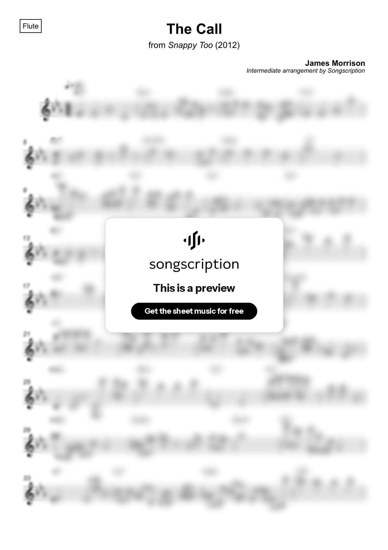 Intermediate Flute Sheet Music for "The Call" by James Morrison