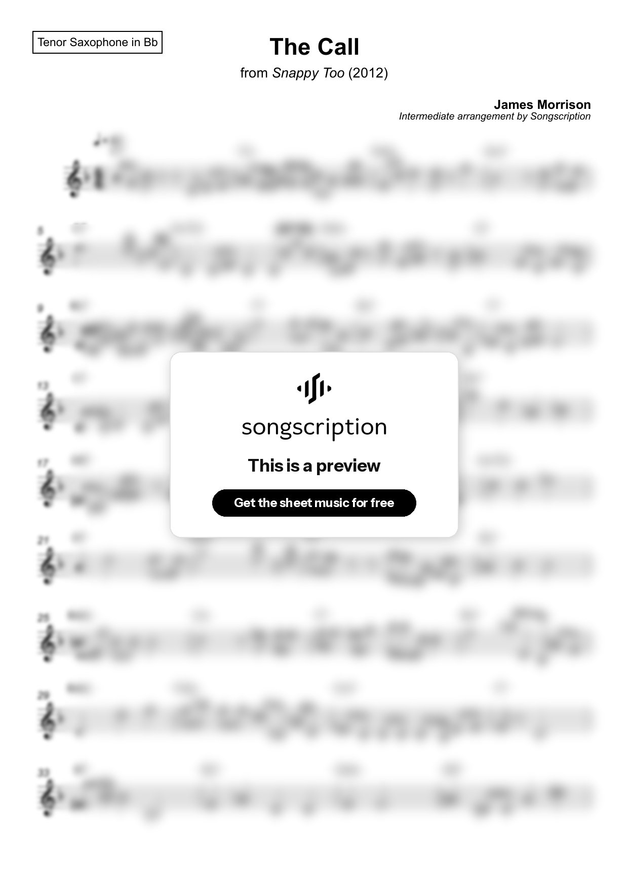 Intermediate Tenor Sax Sheet Music for "The Call" by James Morrison