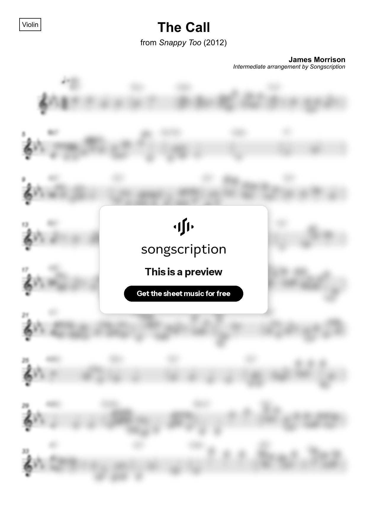 Intermediate Violin Sheet Music for "The Call" by James Morrison