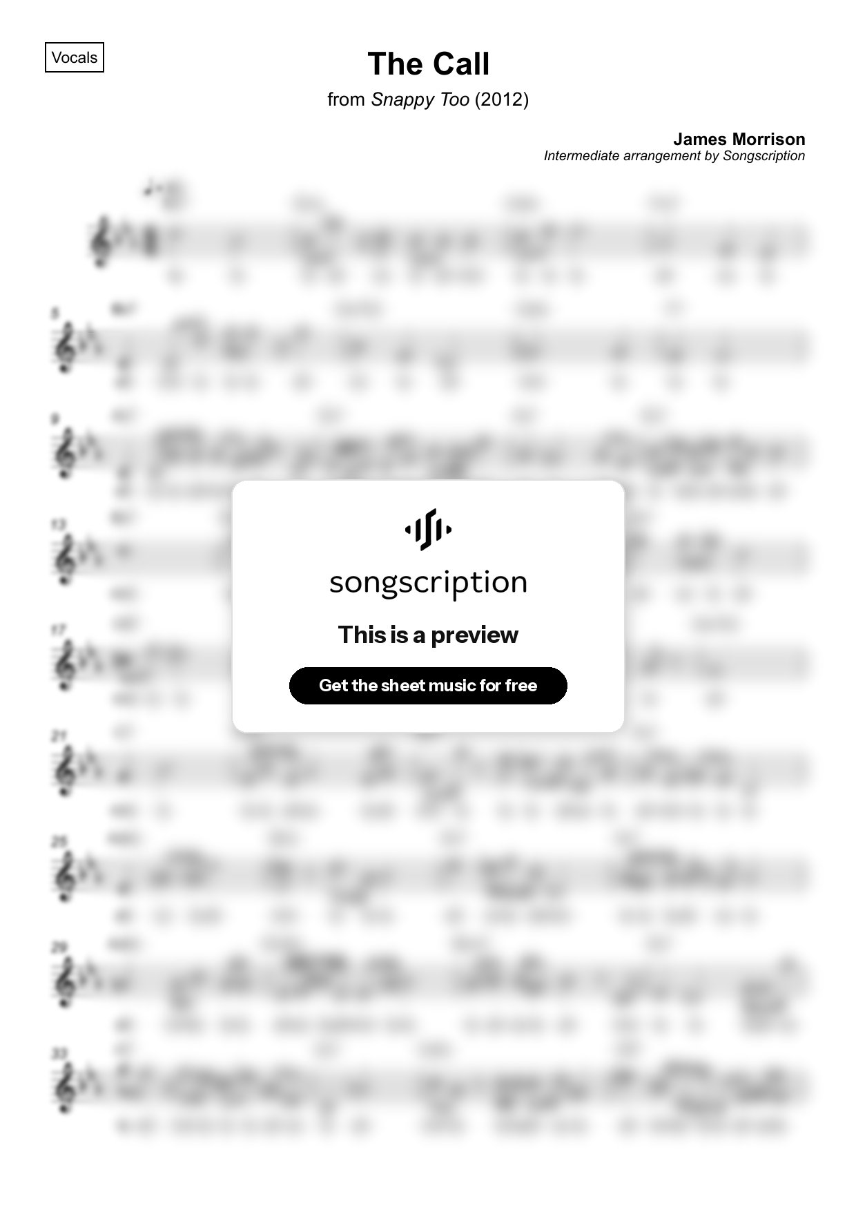 Intermediate Vocals Sheet Music for "The Call" by James Morrison