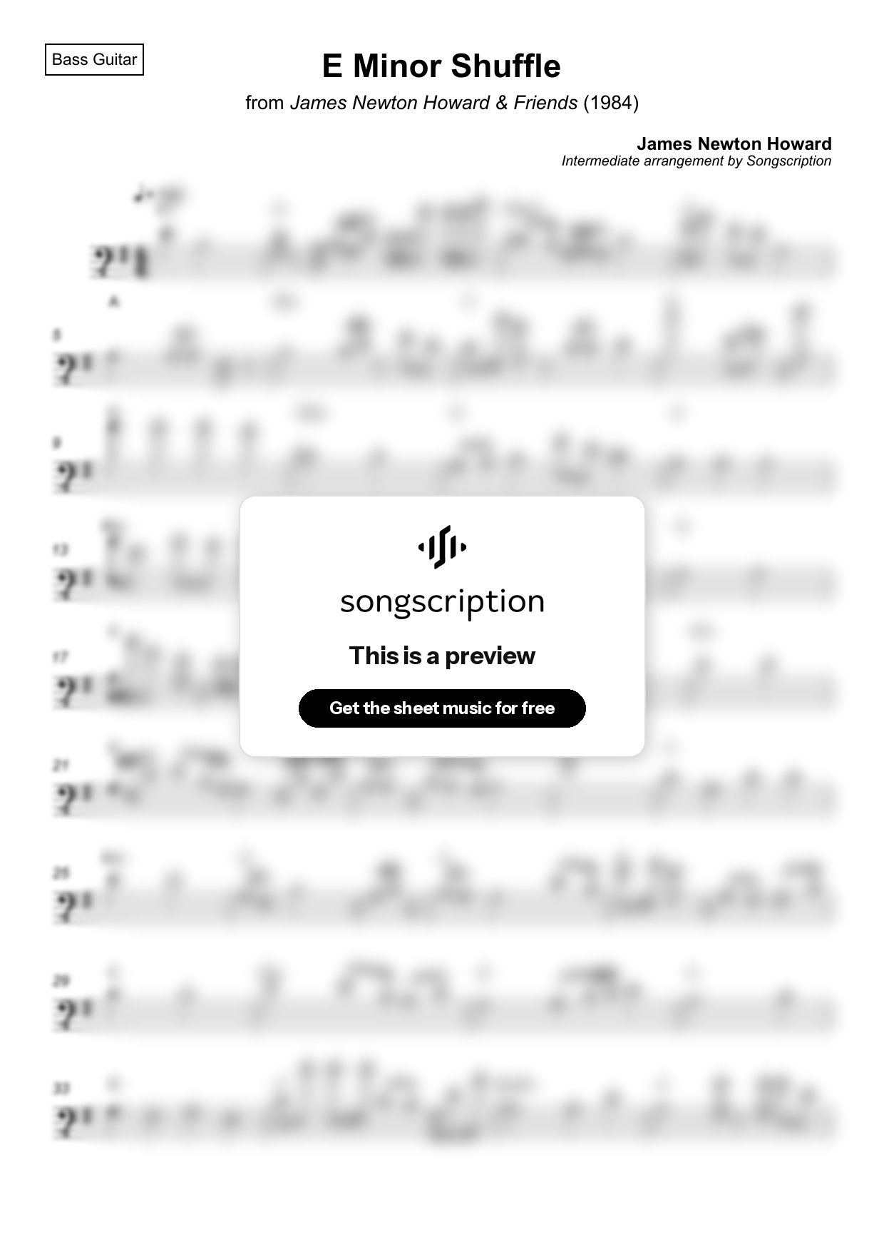 Intermediate Bass Guitar Sheet Music for "E Minor Shuffle" by James Newton Howard
