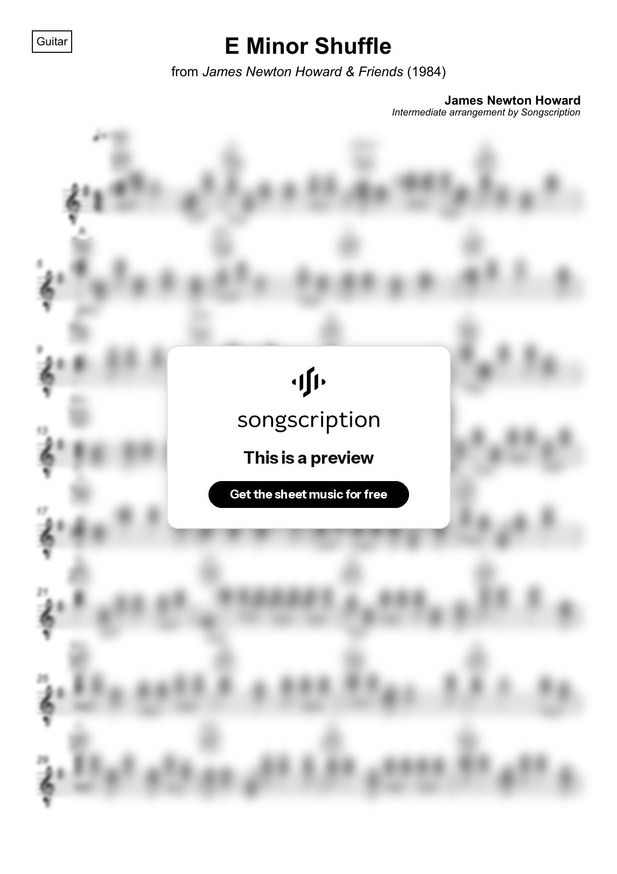 Intermediate Acoustic Guitar Sheet Music for "E Minor Shuffle" by James Newton Howard