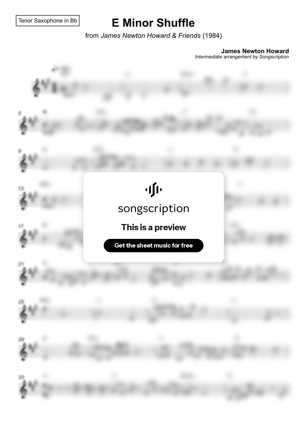 Intermediate Tenor Sax Sheet Music for "E Minor Shuffle" by James Newton Howard
