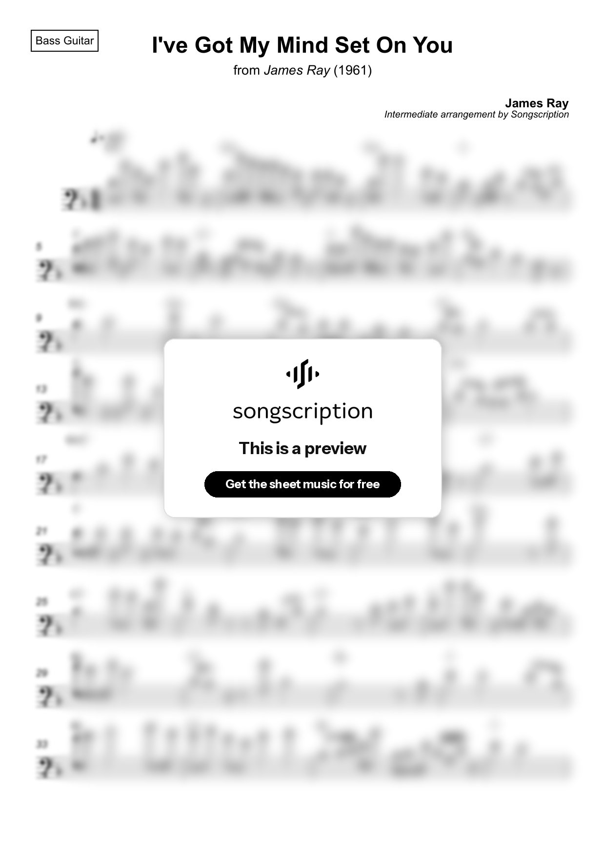 Intermediate Bass Guitar Sheet Music for "I've Got My Mind Set On You" by James Ray